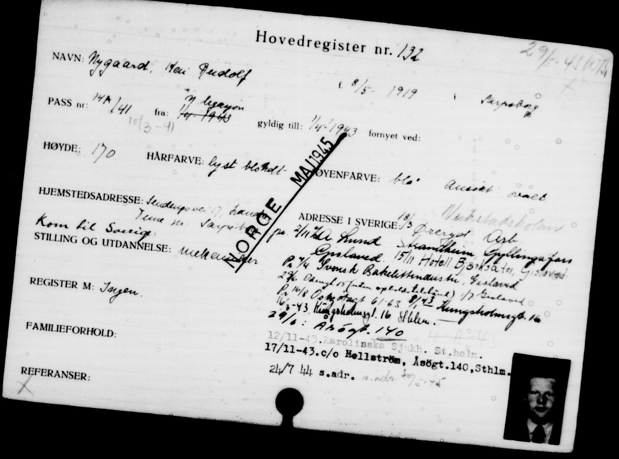 Utenriksstasjonene, Legasjonen i Stockholm, Flyktningkontoret, AV/RA-S-6753/V/Va/L0001: Kjesäterkartoteket, flyktninger med registreringsnr. 1-1000, 1940-1945, s. 215
