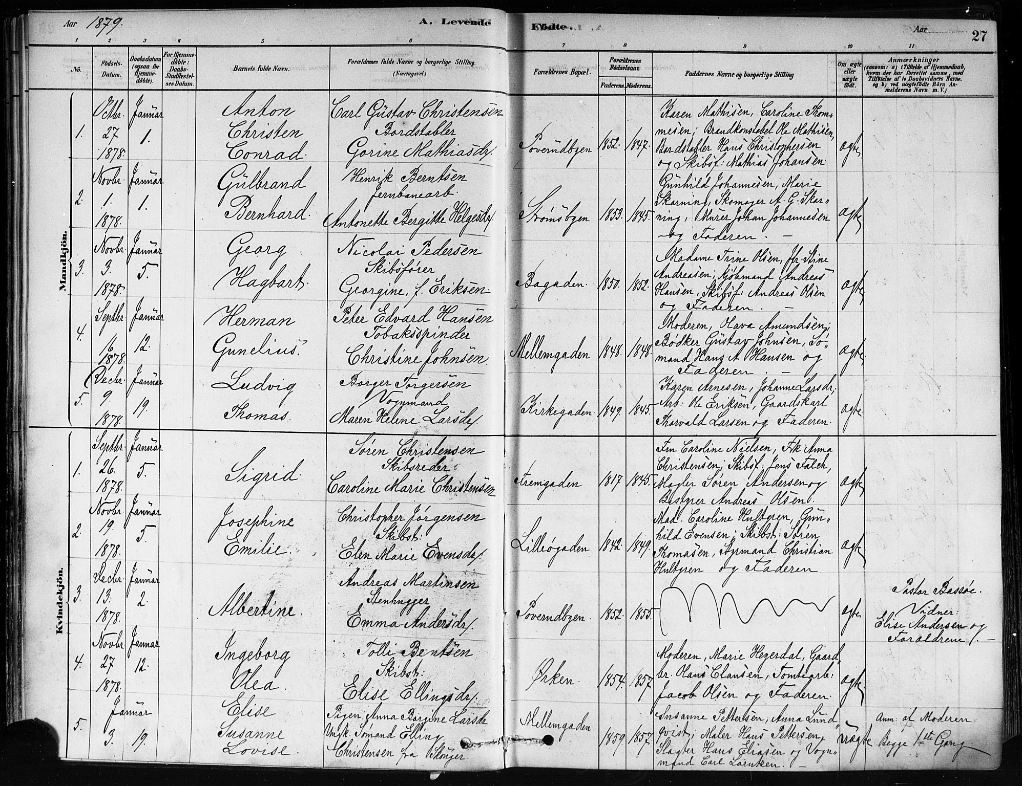 Strømsø kirkebøker, AV/SAKO-A-246/F/Fa/L0021: Ministerialbok nr. I 21, 1878-1885, s. 27
