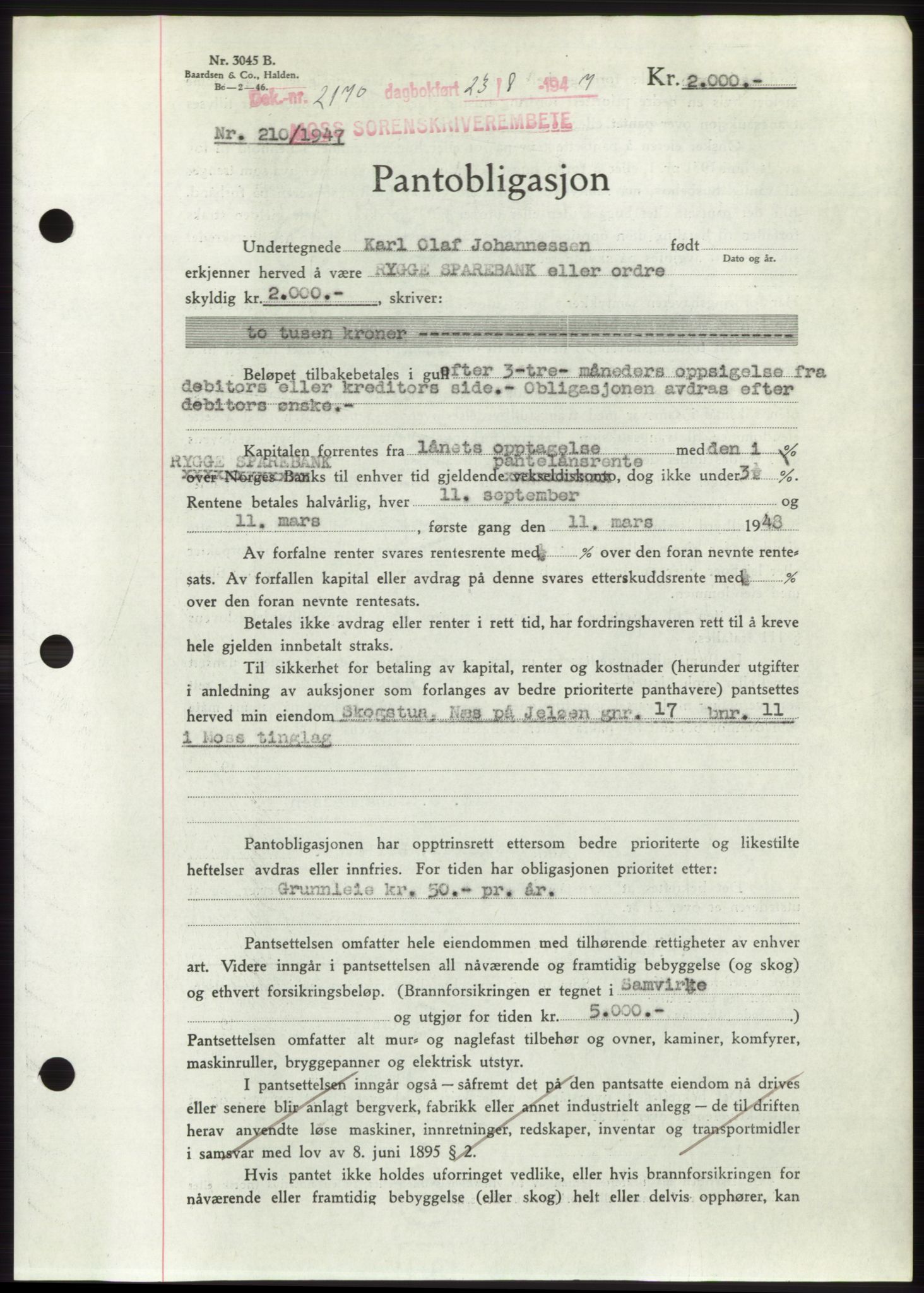 Moss sorenskriveri, SAO/A-10168: Pantebok nr. B17, 1947-1947, Dagboknr: 2170/1947