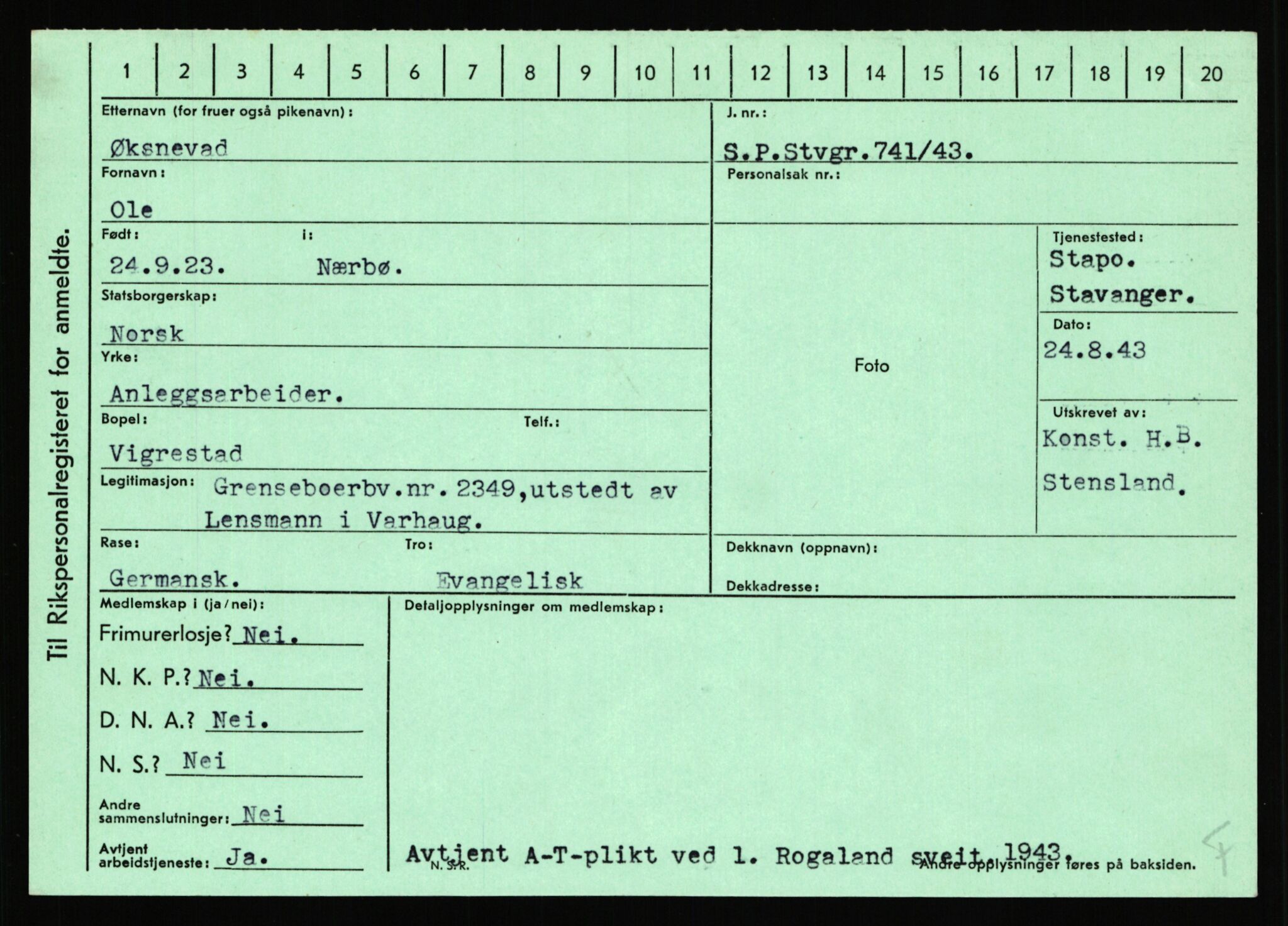 Statspolitiet - Hovedkontoret / Osloavdelingen, AV/RA-S-1329/C/Ca/L0016: Uberg - Øystese, 1943-1945, s. 3598