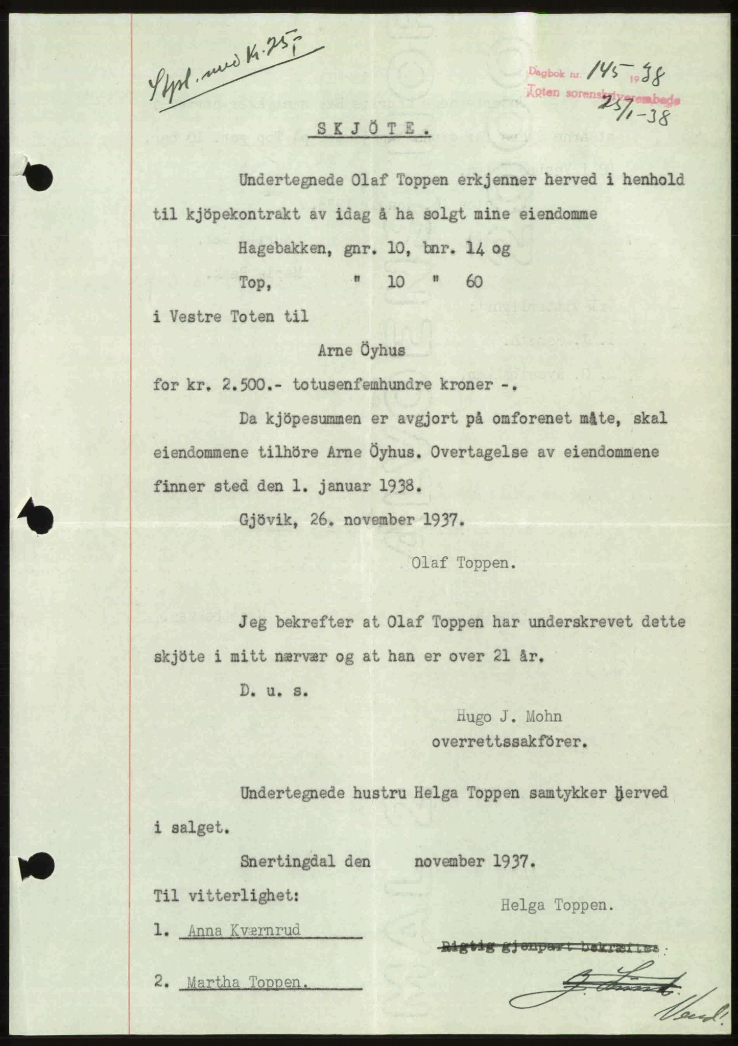 Toten tingrett, SAH/TING-006/H/Hb/Hbc/L0003: Pantebok nr. Hbc-03, 1937-1938, Dagboknr: 145/1938
