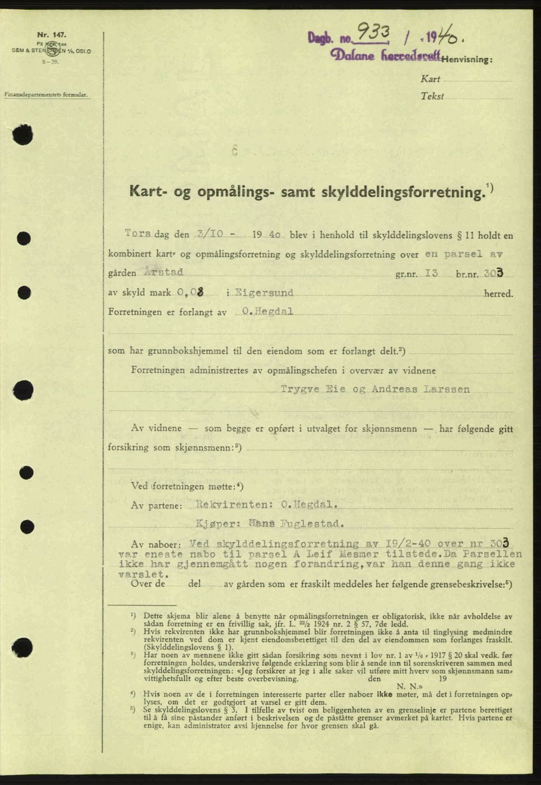 Dalane sorenskriveri, SAST/A-100309/02/G/Gb/L0044: Pantebok nr. A5, 1940-1941, Dagboknr: 933/1940
