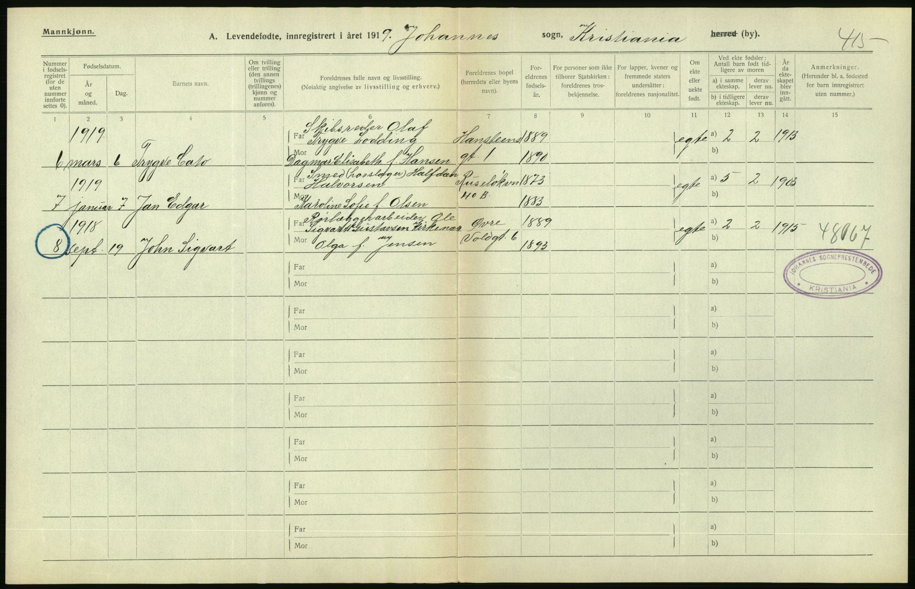 Statistisk sentralbyrå, Sosiodemografiske emner, Befolkning, AV/RA-S-2228/D/Df/Dfb/Dfbi/L0007: Kristiania: Levendefødte menn og kvinner., 1919, s. 276