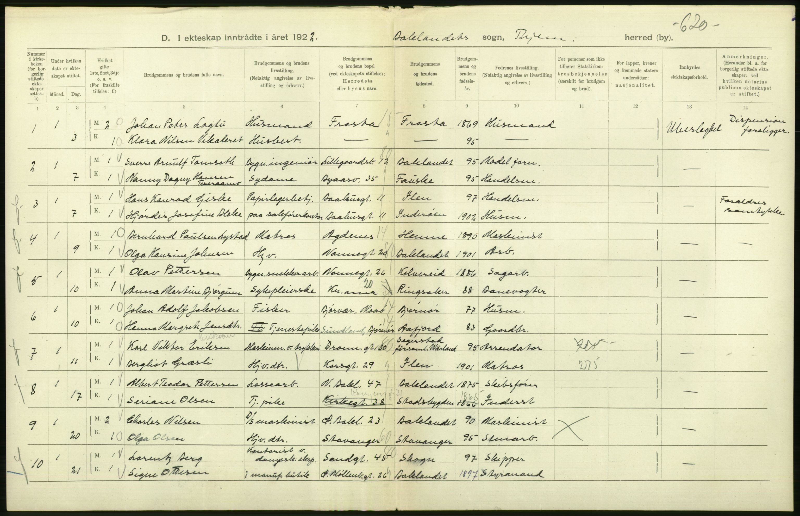 Statistisk sentralbyrå, Sosiodemografiske emner, Befolkning, AV/RA-S-2228/D/Df/Dfc/Dfcb/L0040: Trondheim: Gifte, døde, dødfødte., 1922, s. 82