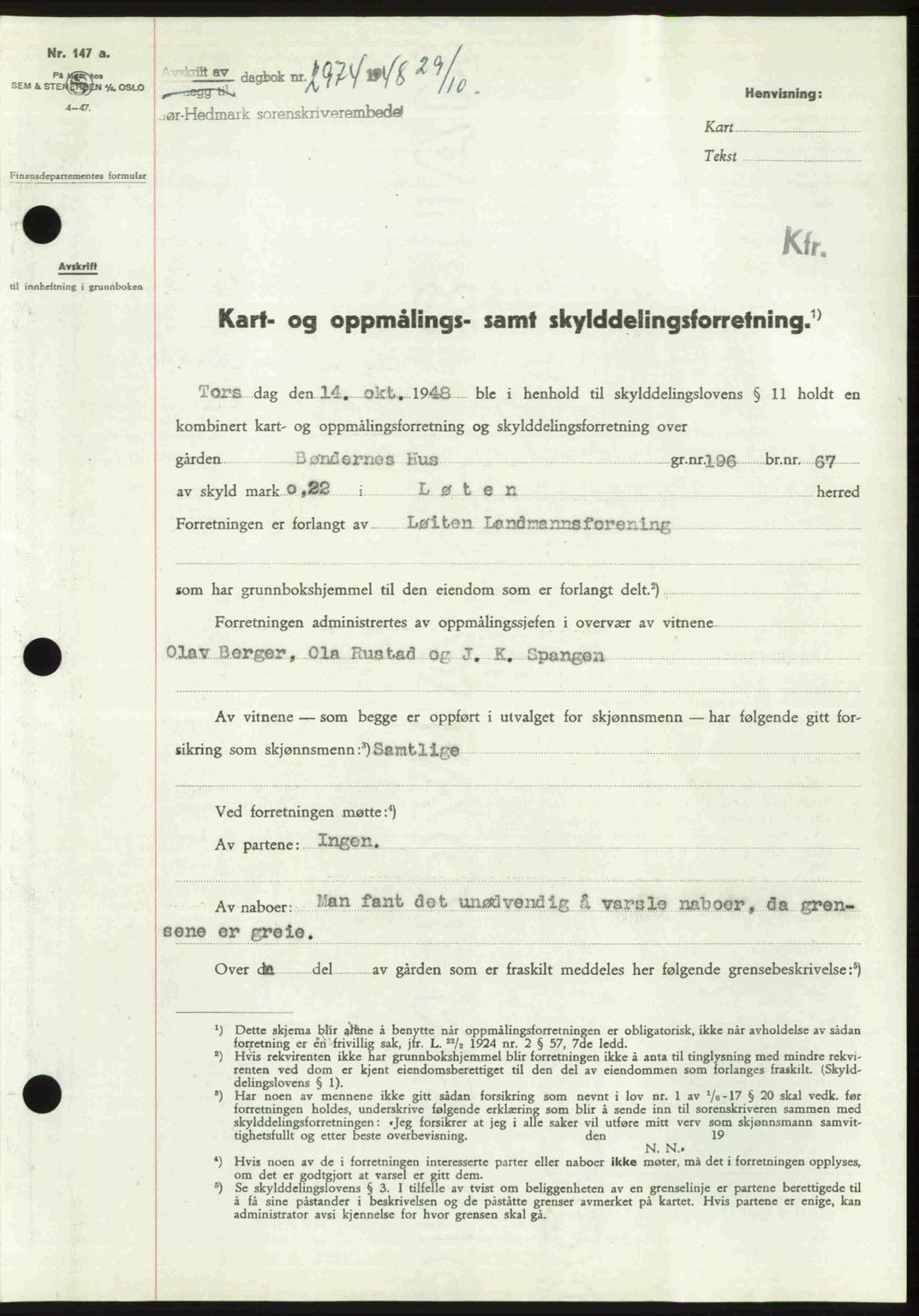 Sør-Hedmark sorenskriveri, SAH/TING-014/H/Hb/Hbd/L0018: Pantebok nr. 18, 1948-1949, Dagboknr: 2974/1948