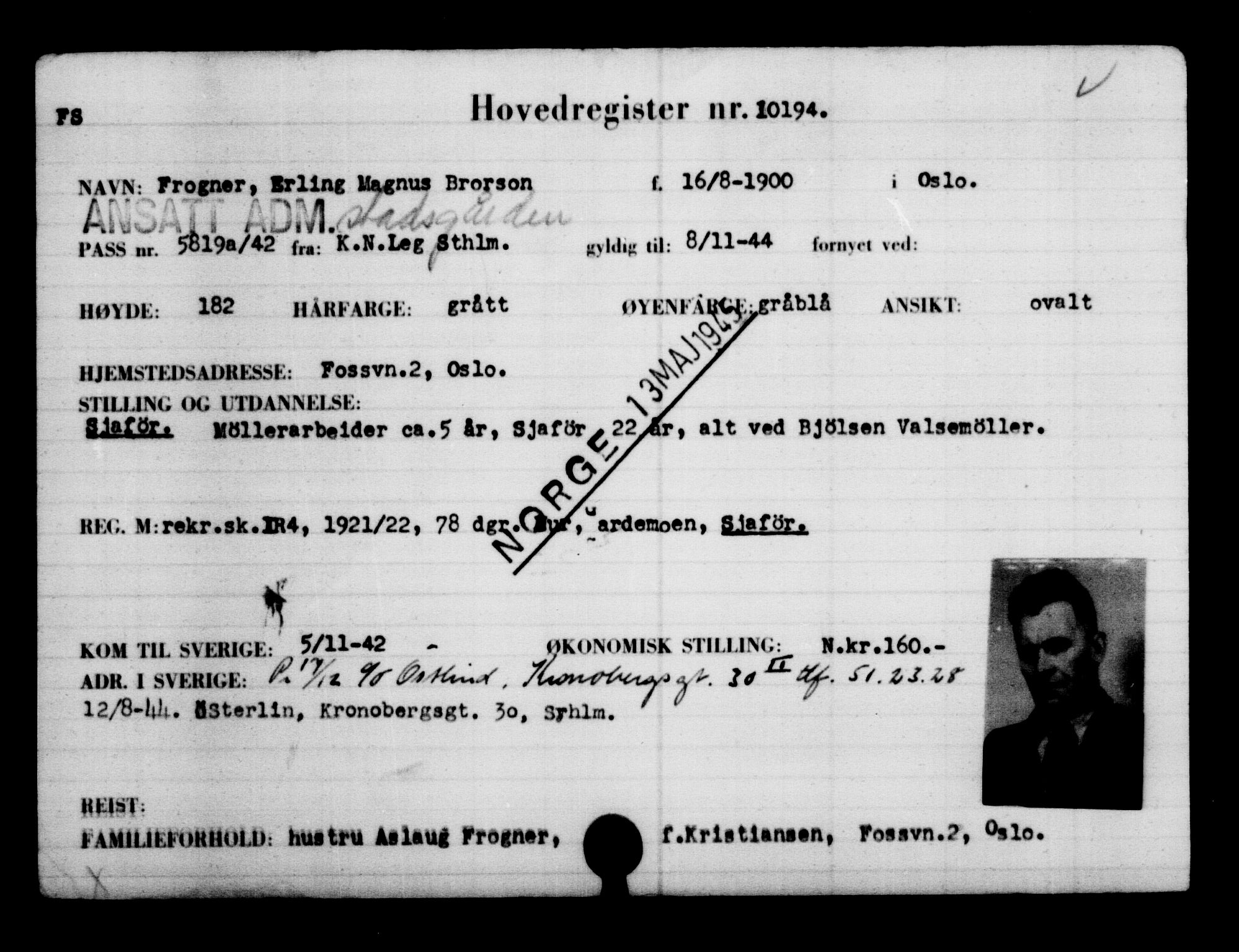 Utenriksstasjonene, Legasjonen i Stockholm, Flyktningkontoret, AV/RA-S-6753/V/Va/L0006: Kjesäterkartoteket, flyktninger med registreringsnr. 9400-12711, 1940-1945, s. 911