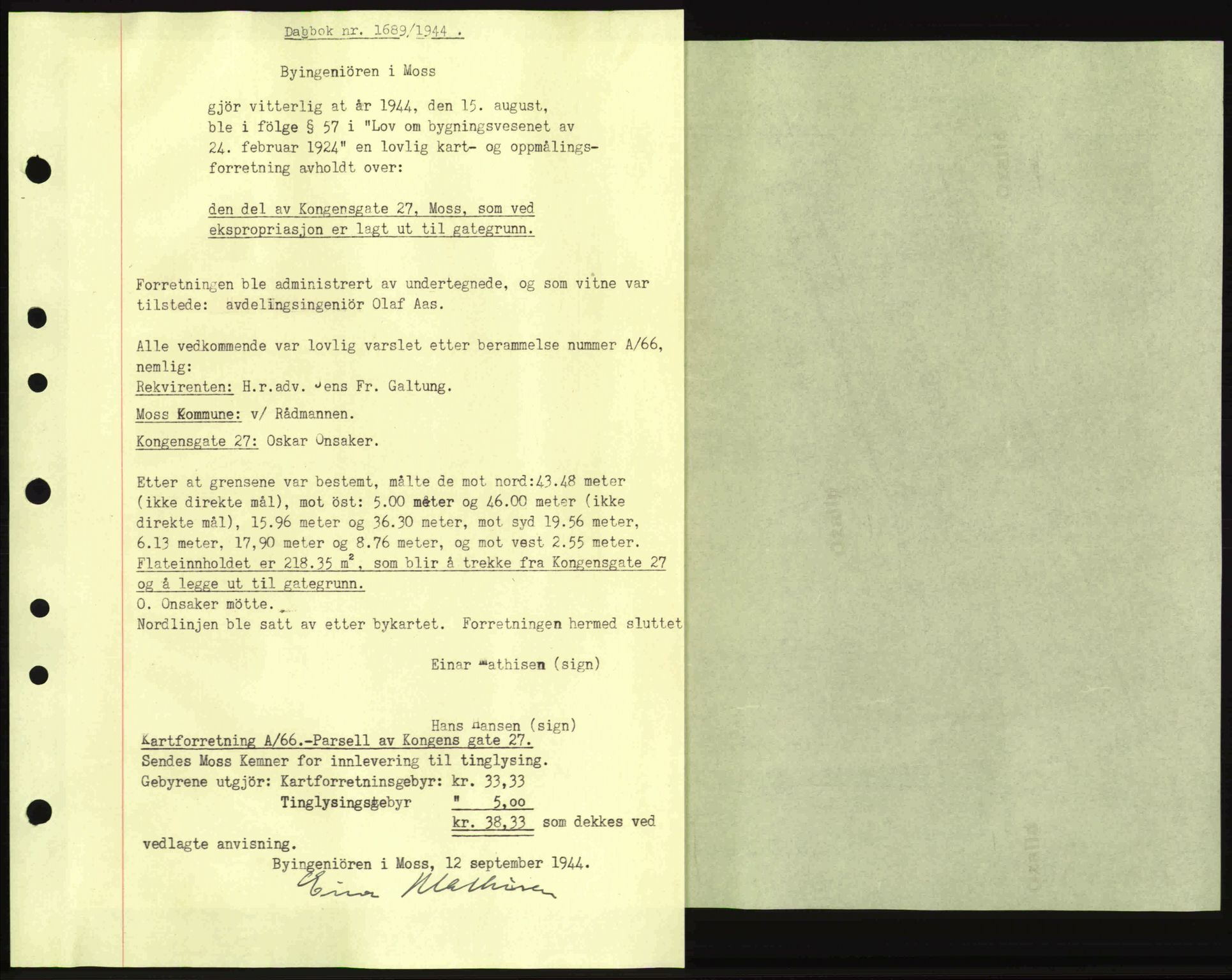 Moss sorenskriveri, SAO/A-10168: Pantebok nr. A13, 1944-1945, Dagboknr: 1689/1944