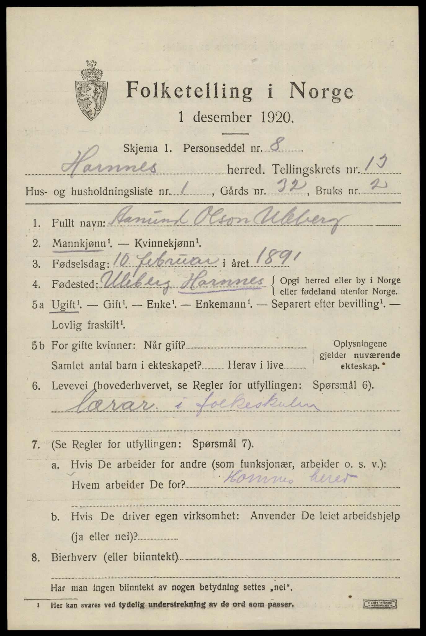 SAK, Folketelling 1920 for 0936 Hornnes herred, 1920, s. 3063