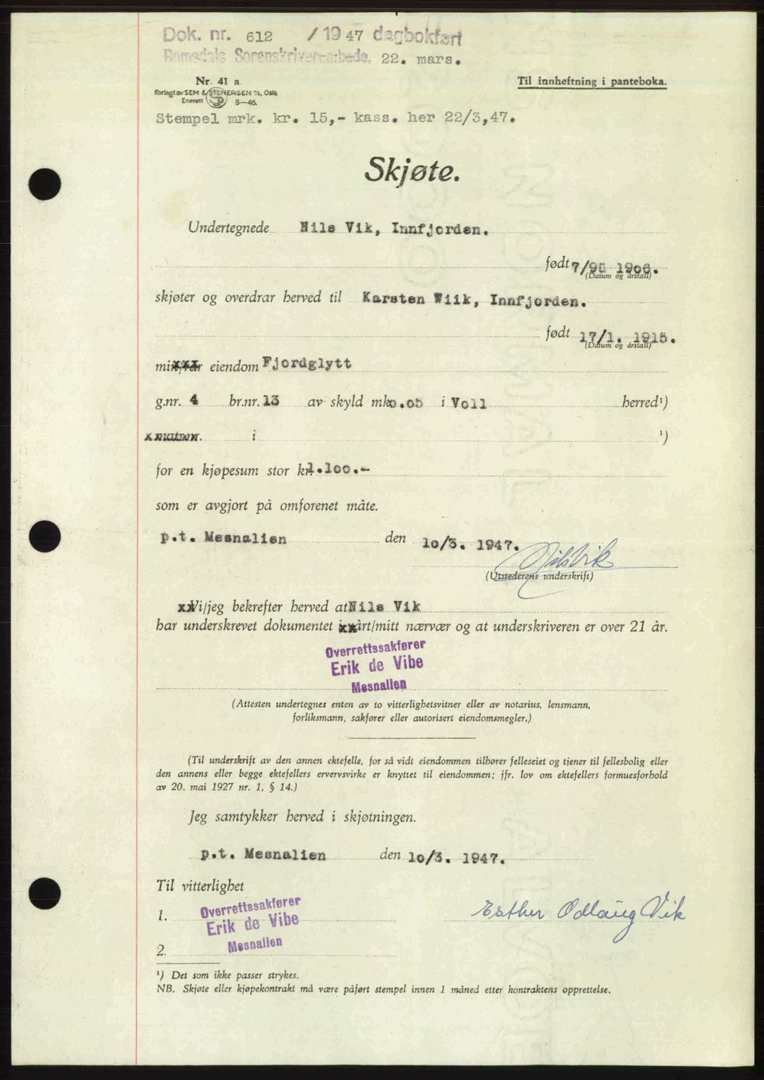 Romsdal sorenskriveri, SAT/A-4149/1/2/2C: Pantebok nr. A22, 1947-1947, Dagboknr: 612/1947