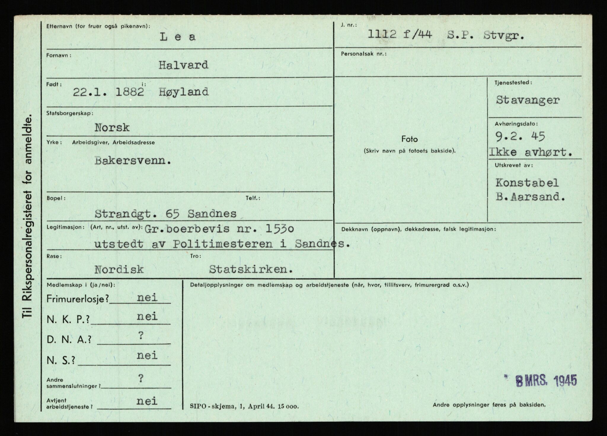 Statspolitiet - Hovedkontoret / Osloavdelingen, AV/RA-S-1329/C/Ca/L0009: Knutsen - Limstrand, 1943-1945, s. 4145