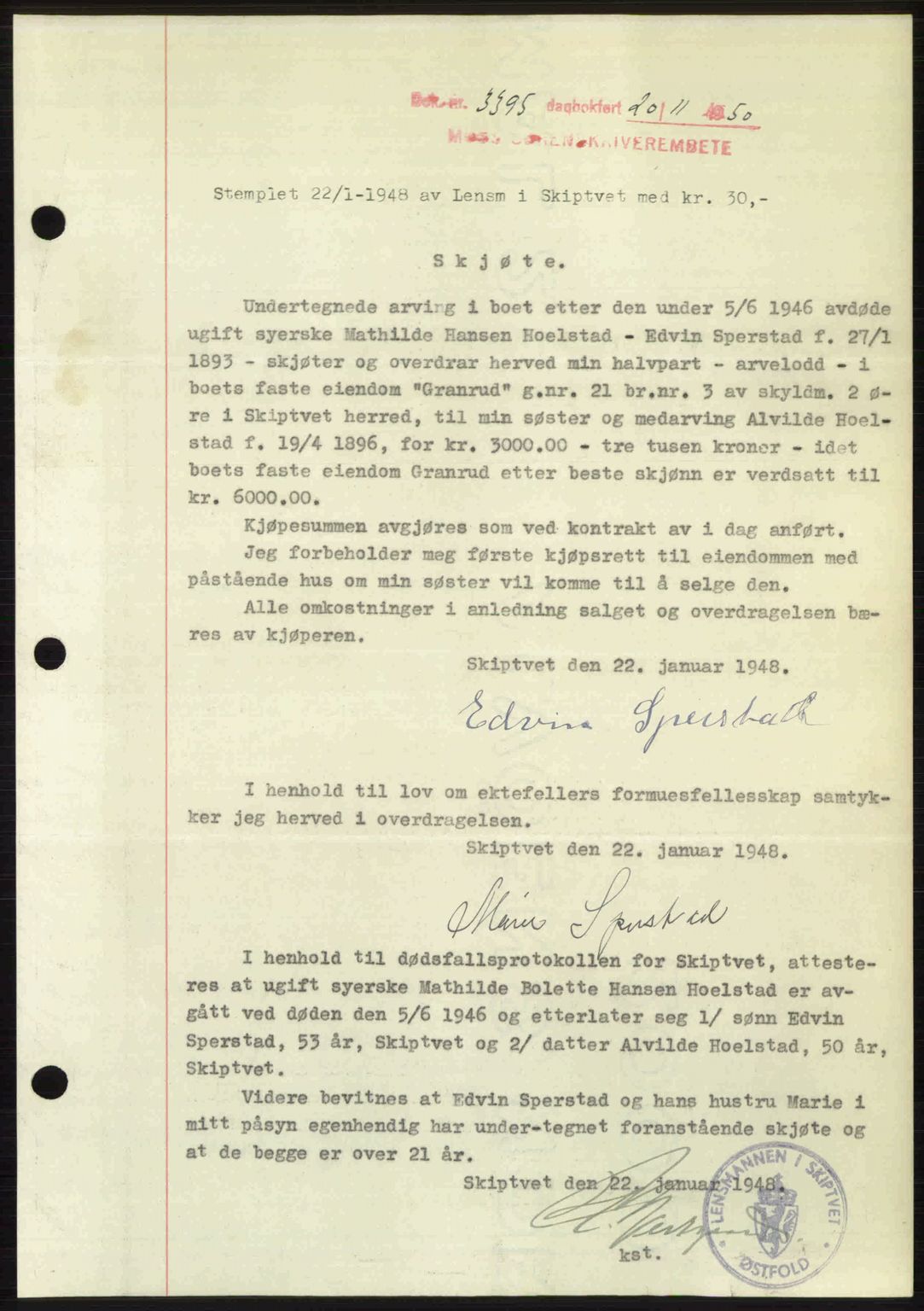 Moss sorenskriveri, SAO/A-10168: Pantebok nr. A2, 1947-1950, Dagboknr: 3395/1950