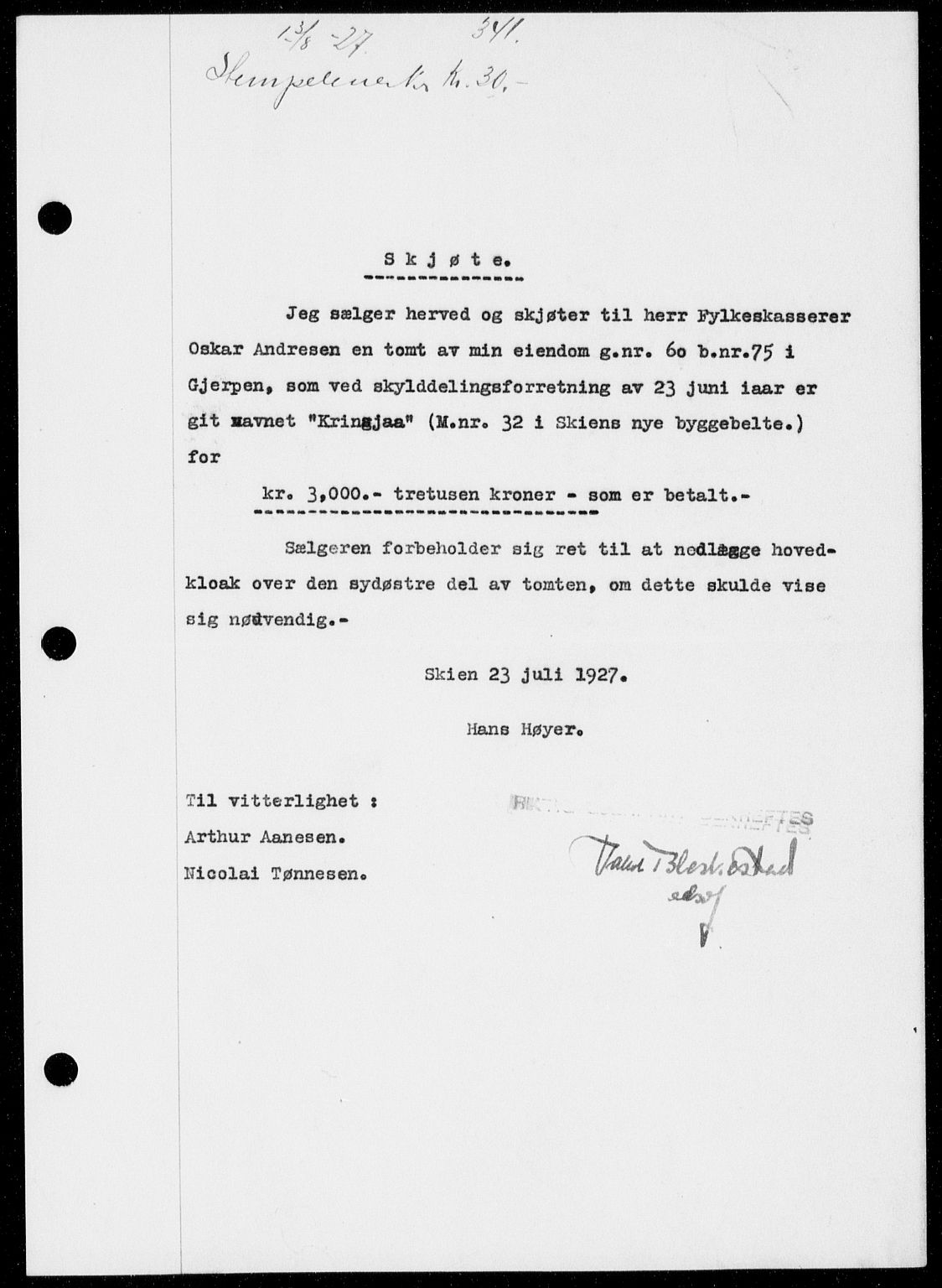 Gjerpen sorenskriveri, SAKO/A-216/G/Ga/Gaa/L0048: Pantebok nr. I 48 og 50-51, 1926-1928, Tingl.dato: 03.08.1927