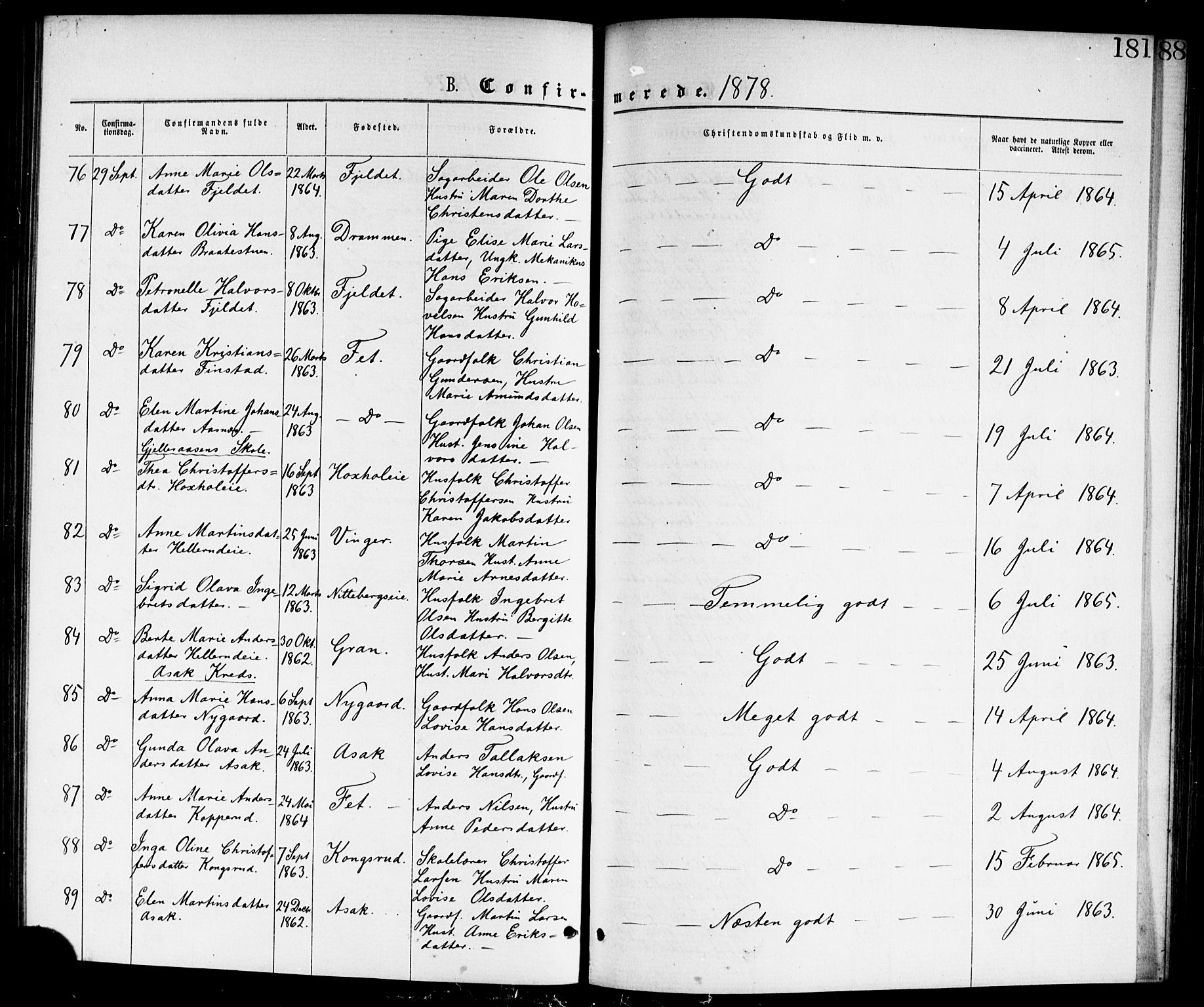 Skedsmo prestekontor Kirkebøker, AV/SAO-A-10033a/G/Ga/L0003: Klokkerbok nr. I 3, 1873-1882, s. 181