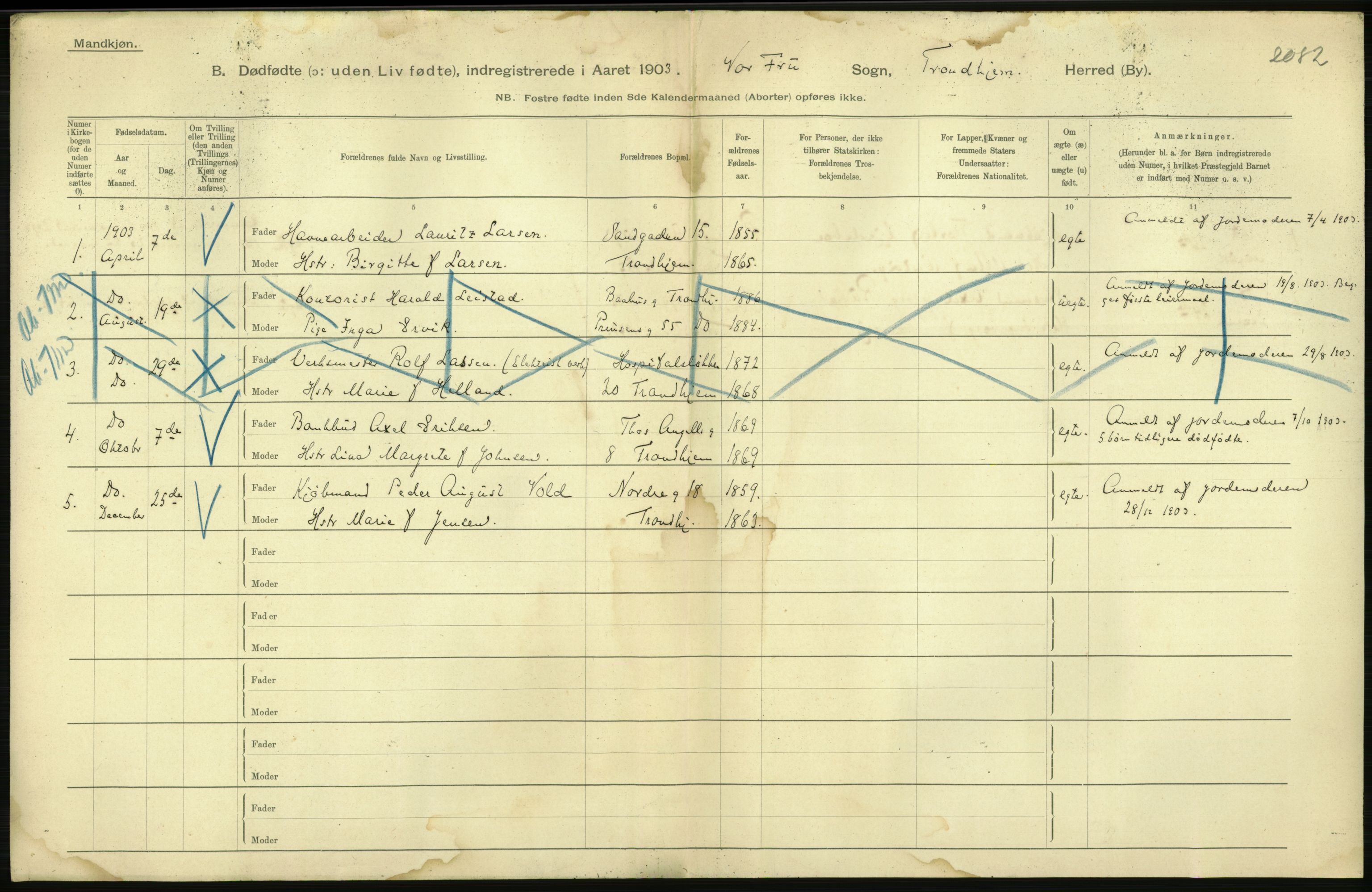 Statistisk sentralbyrå, Sosiodemografiske emner, Befolkning, AV/RA-S-2228/D/Df/Dfa/Dfaa/L0026: Smålenenes - Finnmarkens amt: Dødfødte. Byer., 1903, s. 224