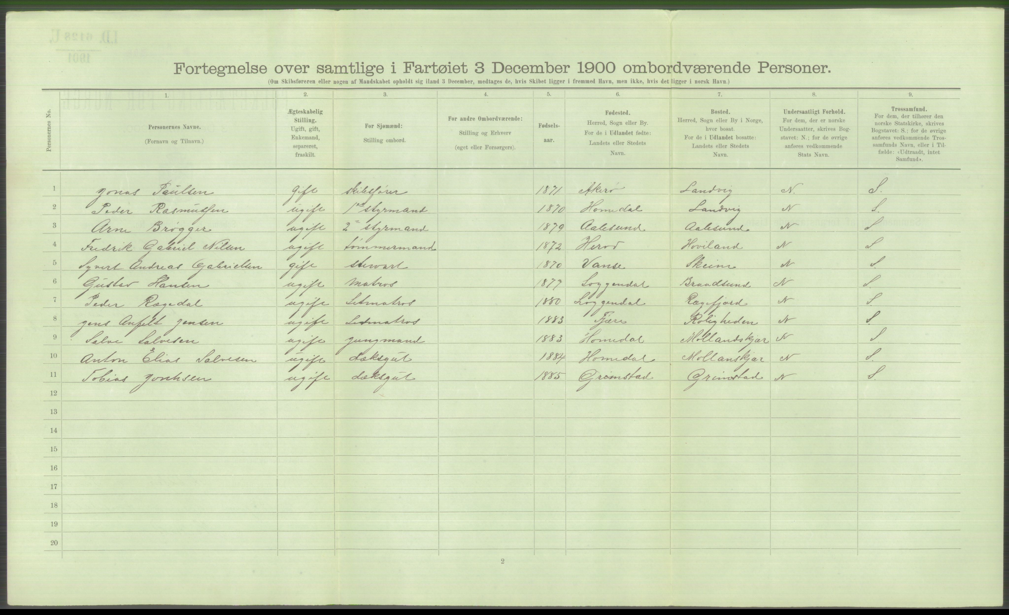 RA, Folketelling 1900 - skipslister med personlister for skip i norske havner, utenlandske havner og til havs, 1900, s. 6256