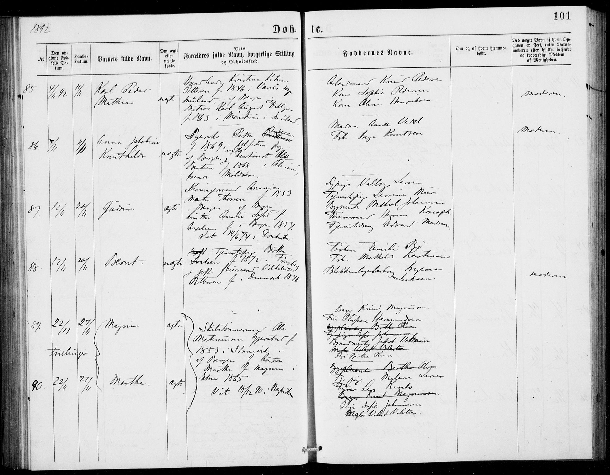 Fødselsstiftelsens sokneprestembete, ført av overlegen*, SAB/-: Ministerialbok nr. A 2, 1884-1900, s. 101