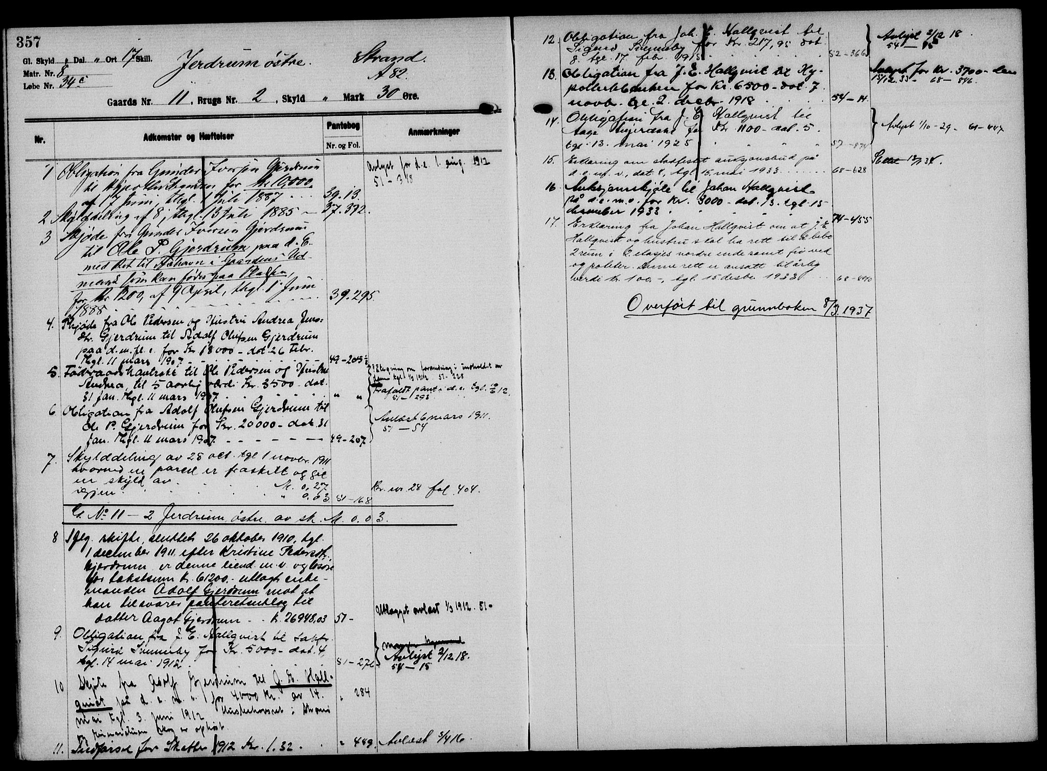 Solør tingrett, AV/SAH-TING-008/H/Ha/Hak/L0001: Panteregister nr. I, 1900-1935, s. 357