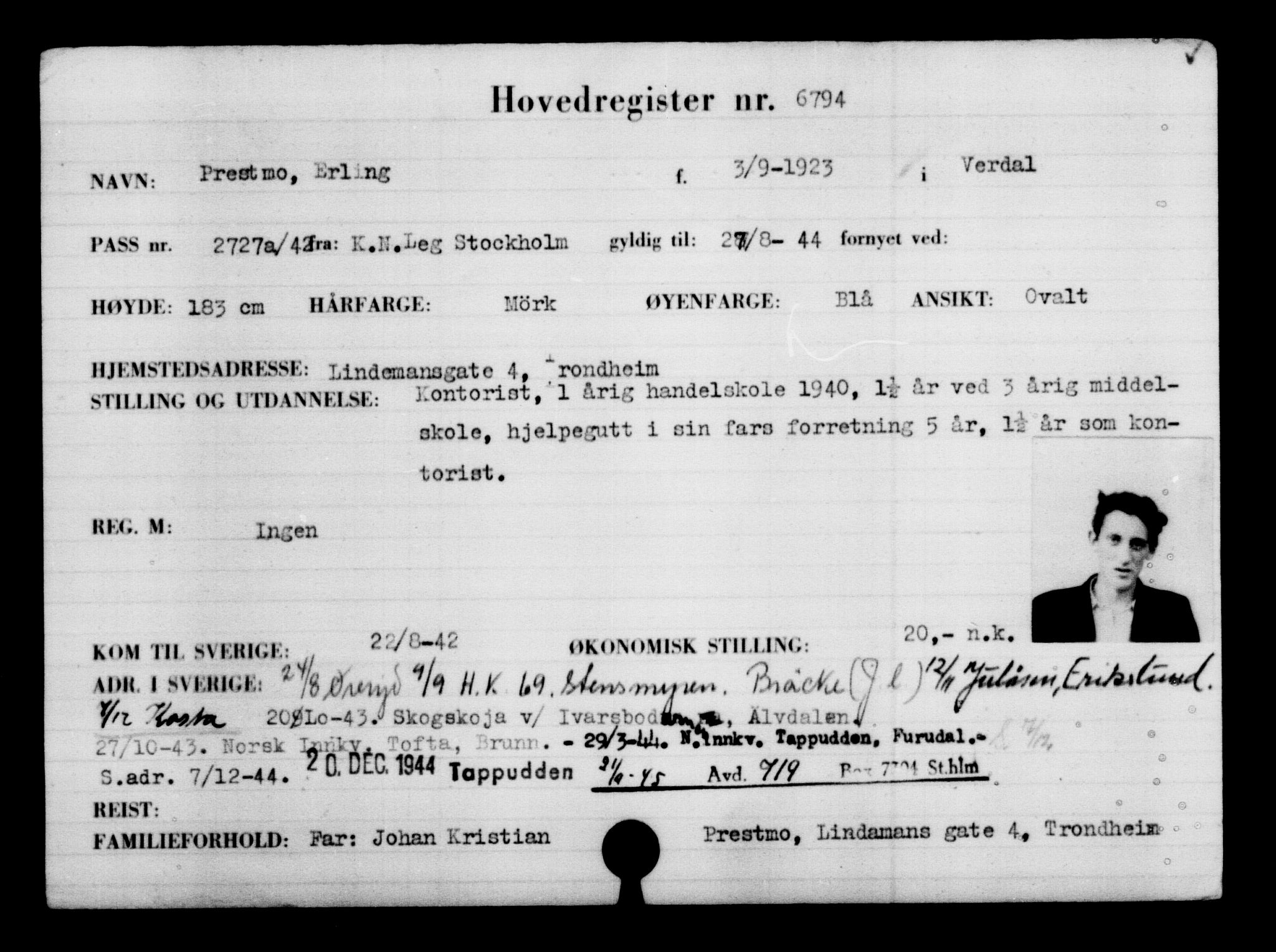 Utenriksstasjonene, Legasjonen i Stockholm, Flyktningkontoret, AV/RA-S-6753/V/Va/L0005: Kjesäterkartoteket, flyktninger med registreringsnr. 6600-9417, 1940-1945, s. 236