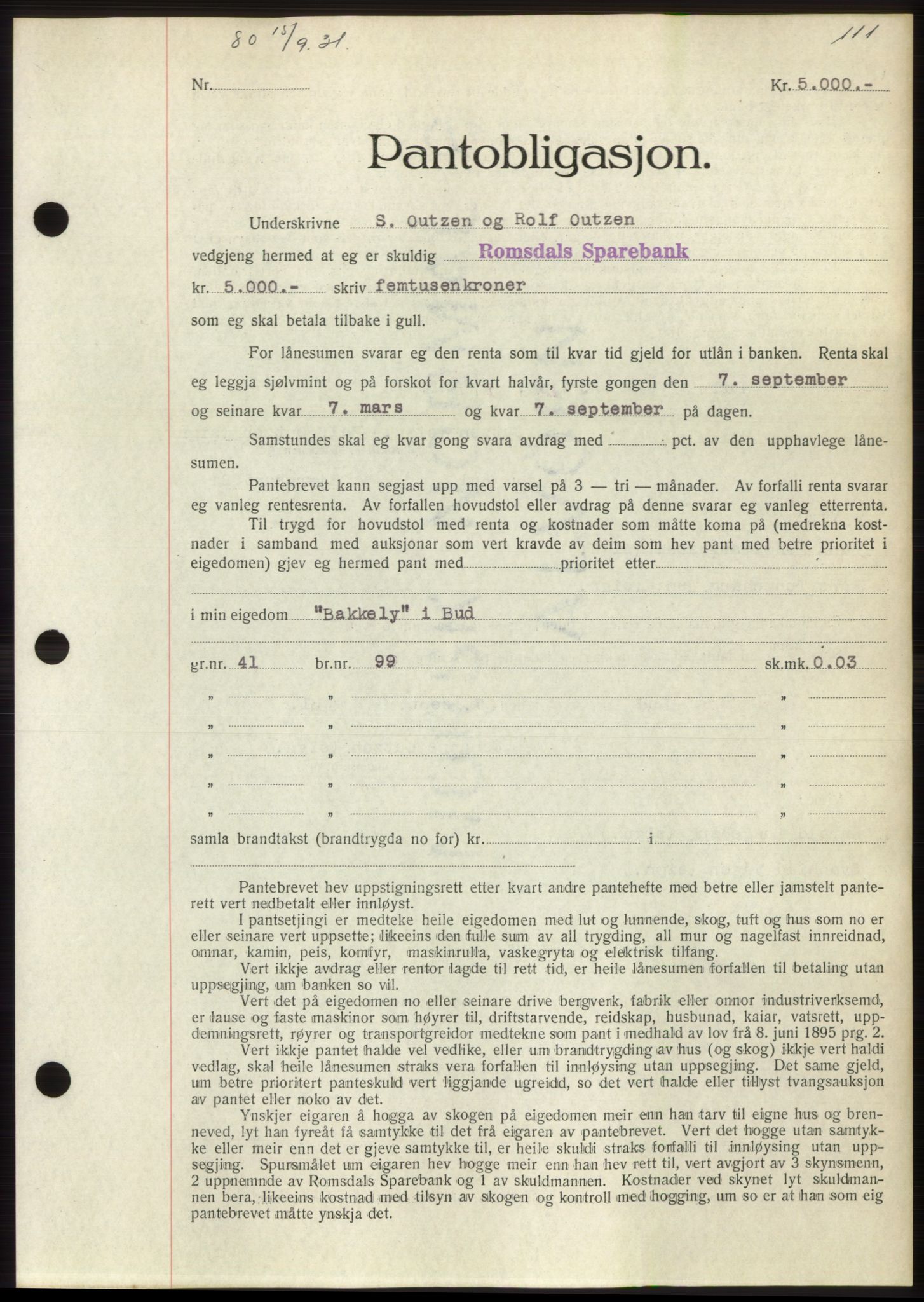 Romsdal sorenskriveri, AV/SAT-A-4149/1/2/2C/L0060: Pantebok nr. 54, 1931-1932, Tingl.dato: 15.09.1931