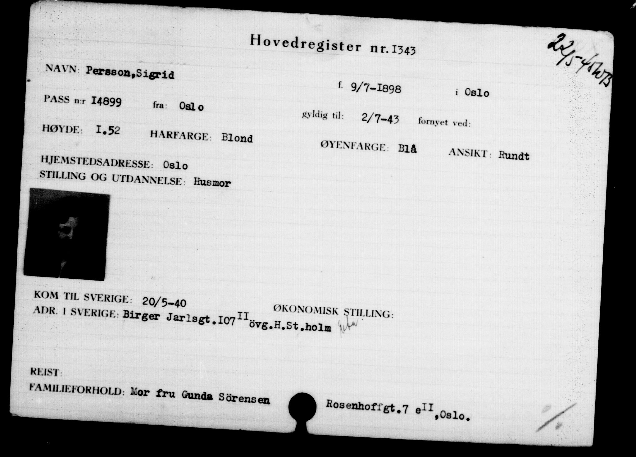 Utenriksstasjonene, Legasjonen i Stockholm, Flyktningkontoret, AV/RA-S-6753/V/Va/L0002: Kjesäterkartoteket, flyktninger med registreringsnr. 1001-2000, 1940-1945, s. 501