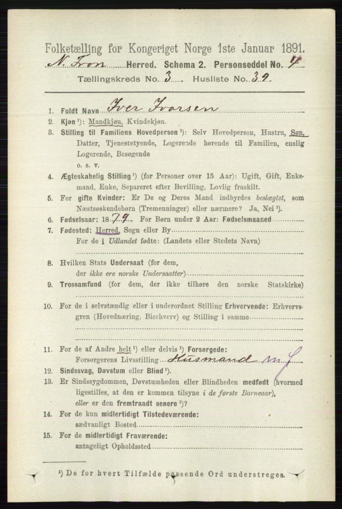 RA, Folketelling 1891 for 0518 Nord-Fron herred, 1891, s. 1061