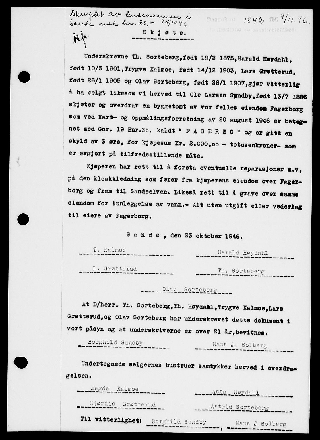 Holmestrand sorenskriveri, SAKO/A-67/G/Ga/Gaa/L0061: Pantebok nr. A-61, 1946-1947, Dagboknr: 1842/1946