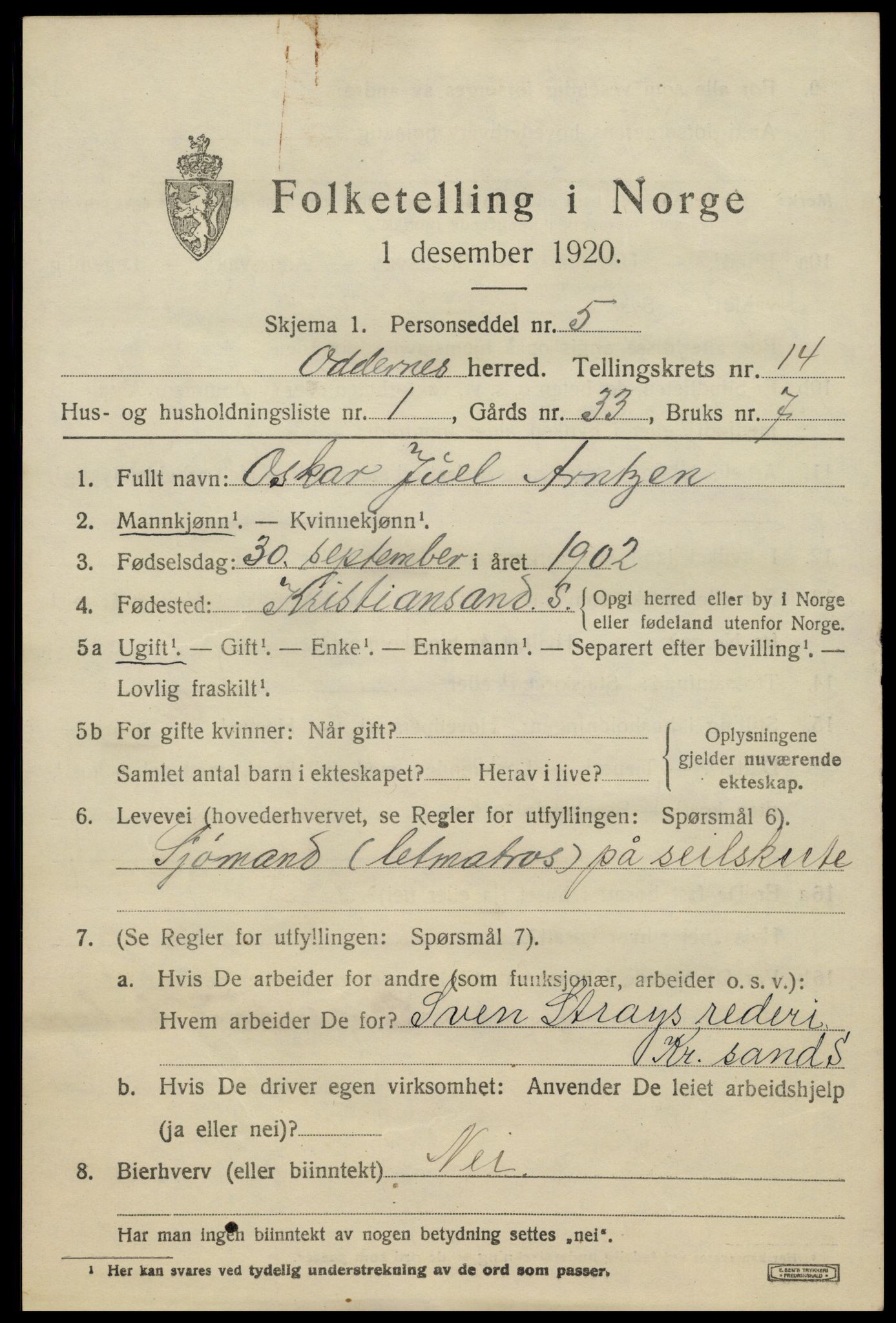 SAK, Folketelling 1920 for 1012 Oddernes herred, 1920, s. 8409