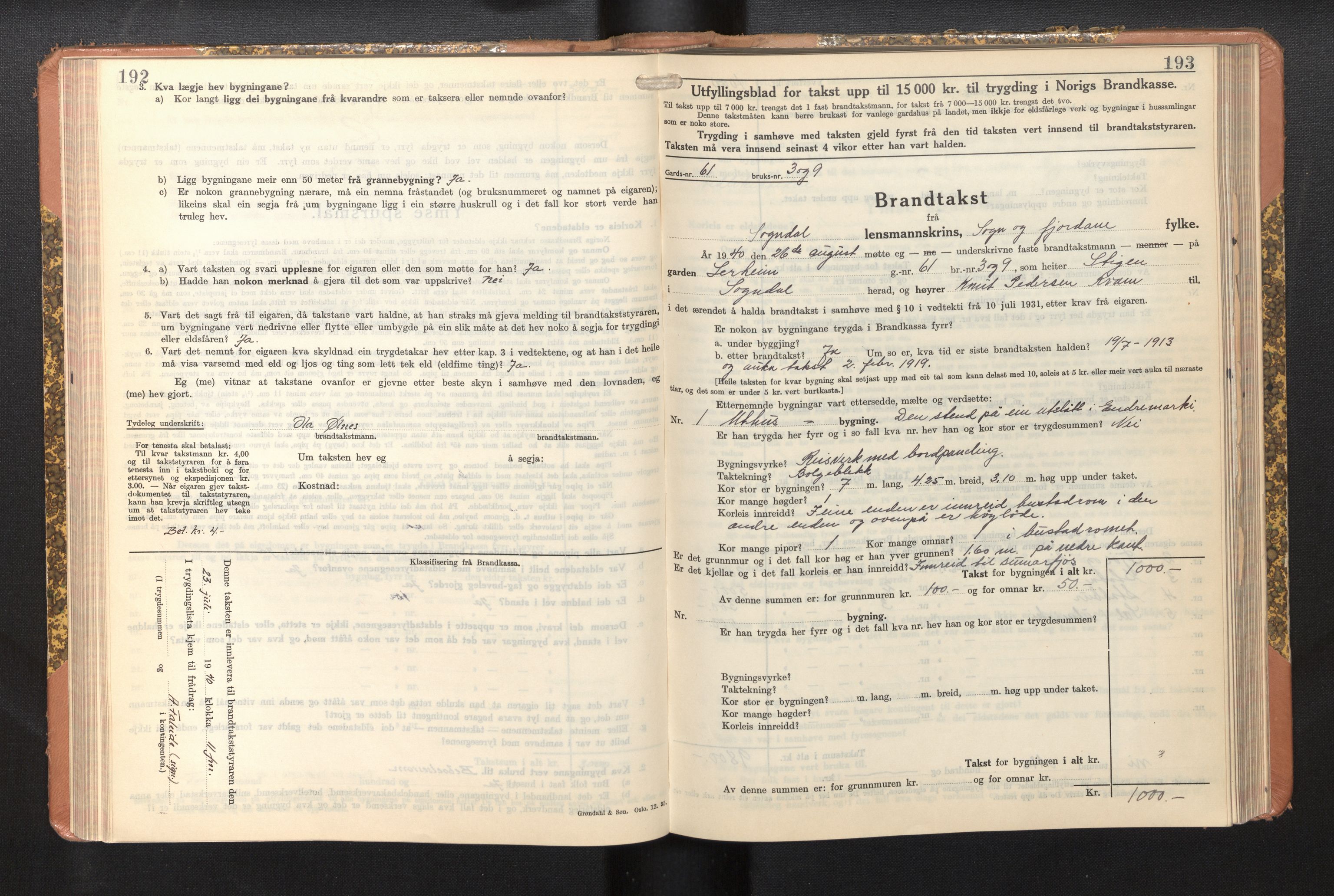 Lensmannen i Sogndal, AV/SAB-A-29901/0012/L0014: Branntakstprotokoll, skjematakst, 1938-1950, s. 192-193