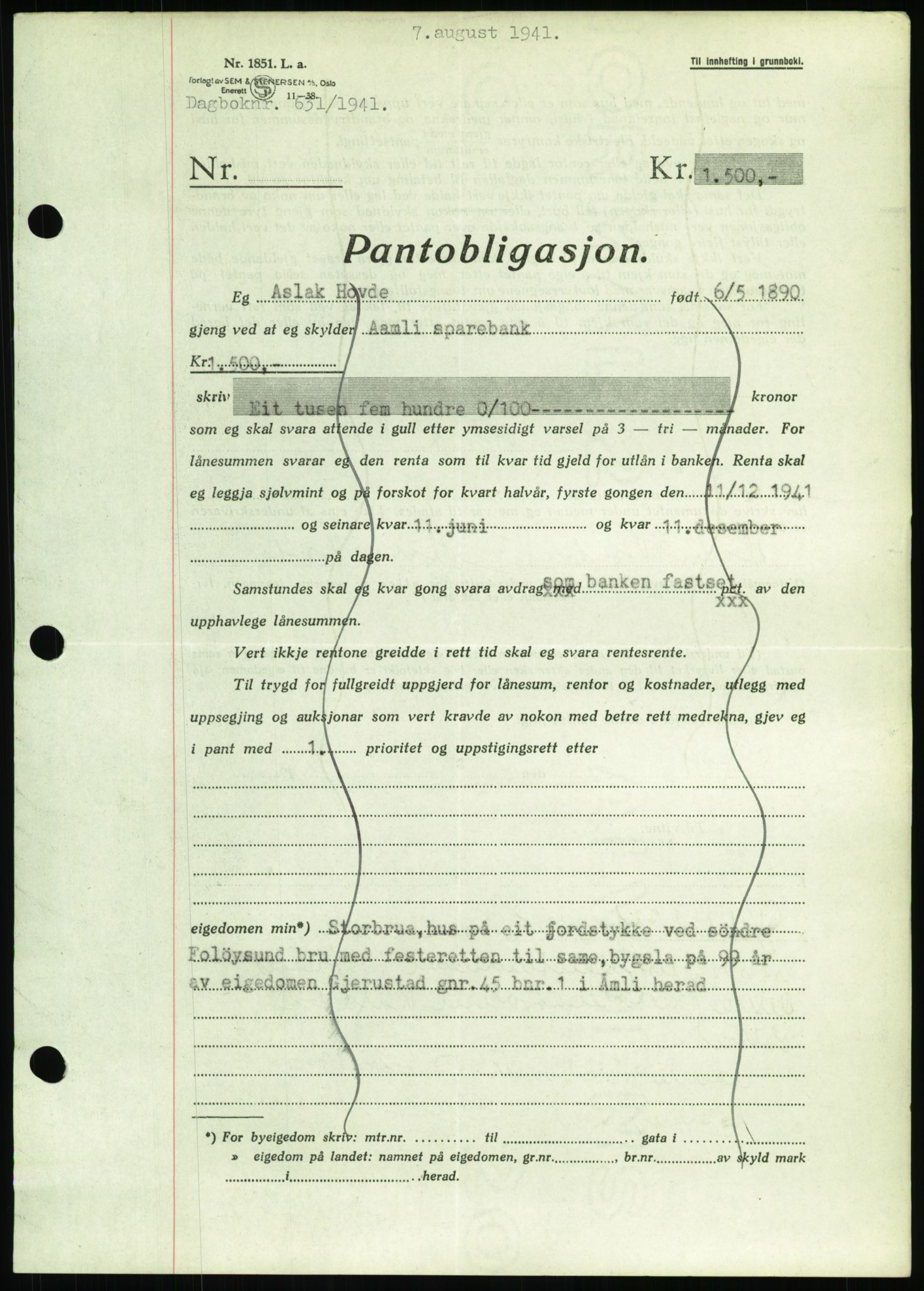 Nedenes sorenskriveri, SAK/1221-0006/G/Gb/Gbb/L0001: Pantebok nr. I, 1939-1942, Dagboknr: 631/1941