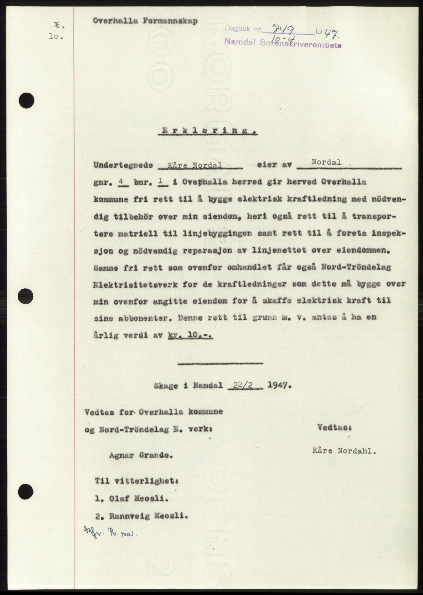 Namdal sorenskriveri, SAT/A-4133/1/2/2C: Pantebok nr. -, 1947-1947, Dagboknr: 749/1947