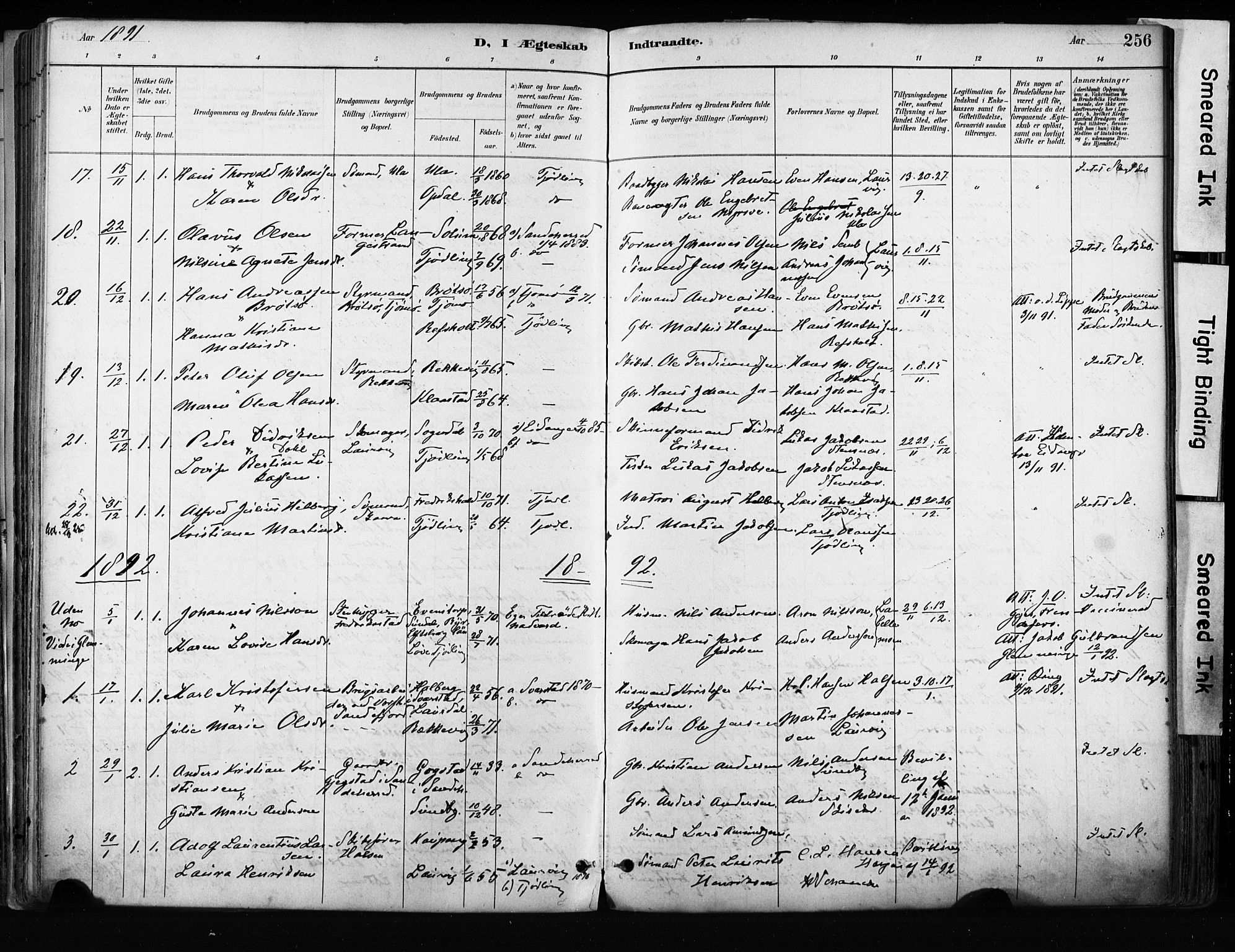 Tjølling kirkebøker, AV/SAKO-A-60/F/Fa/L0009: Ministerialbok nr. 9, 1887-1905, s. 256