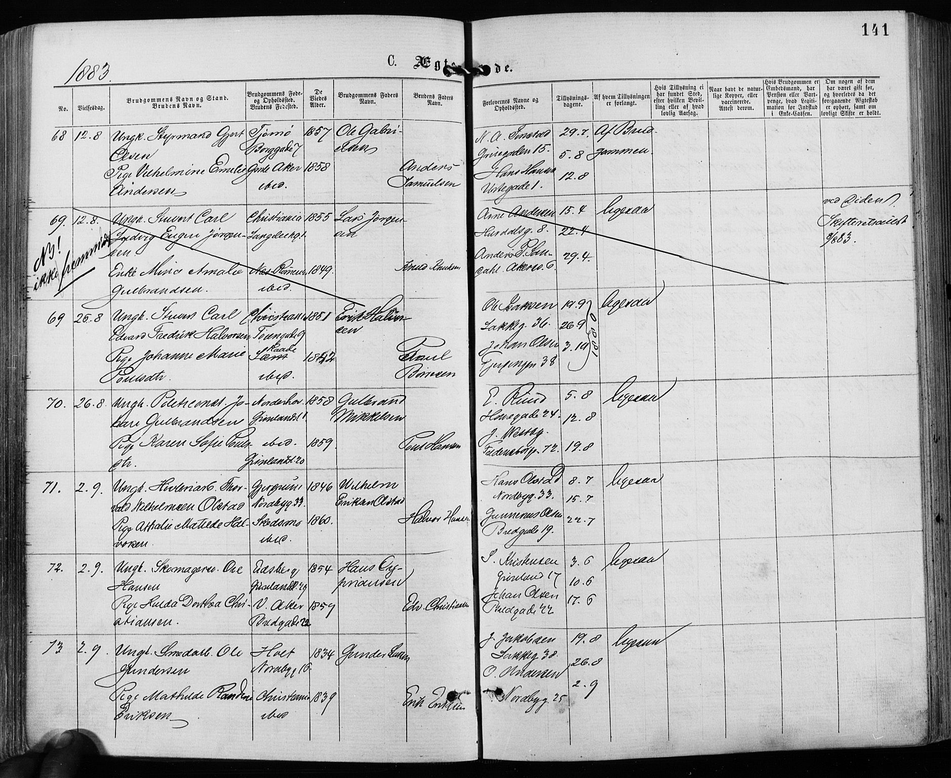 Grønland prestekontor Kirkebøker, SAO/A-10848/F/Fa/L0006: Ministerialbok nr. 6, 1877-1886, s. 141