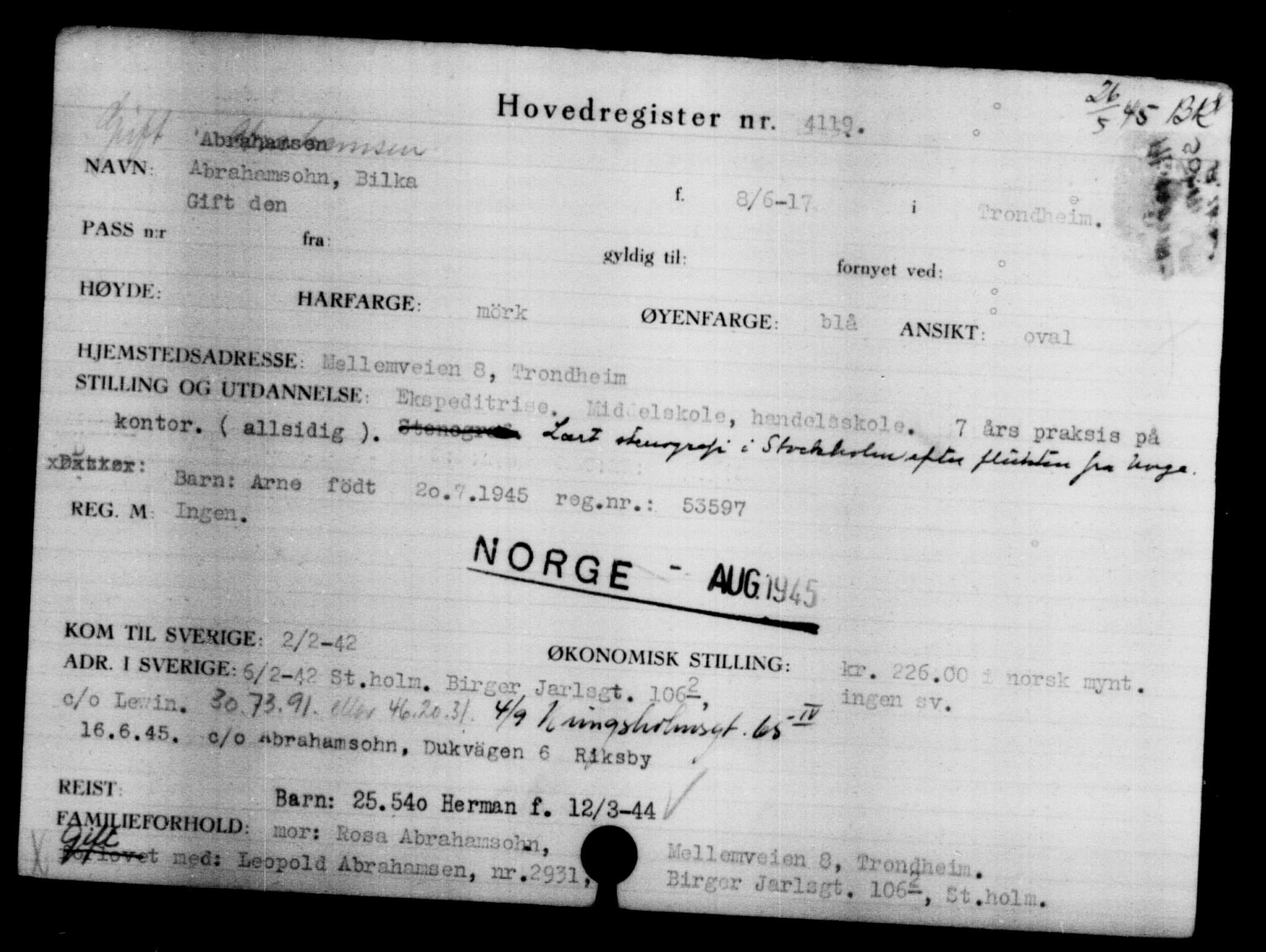 Utenriksstasjonene, Legasjonen i Stockholm, Flyktningkontoret, AV/RA-S-6753/V/Va/L0004: Kjesäterkartoteket, flyktninger med registreringsnr. 3496-6610, 1940-1945, s. 737