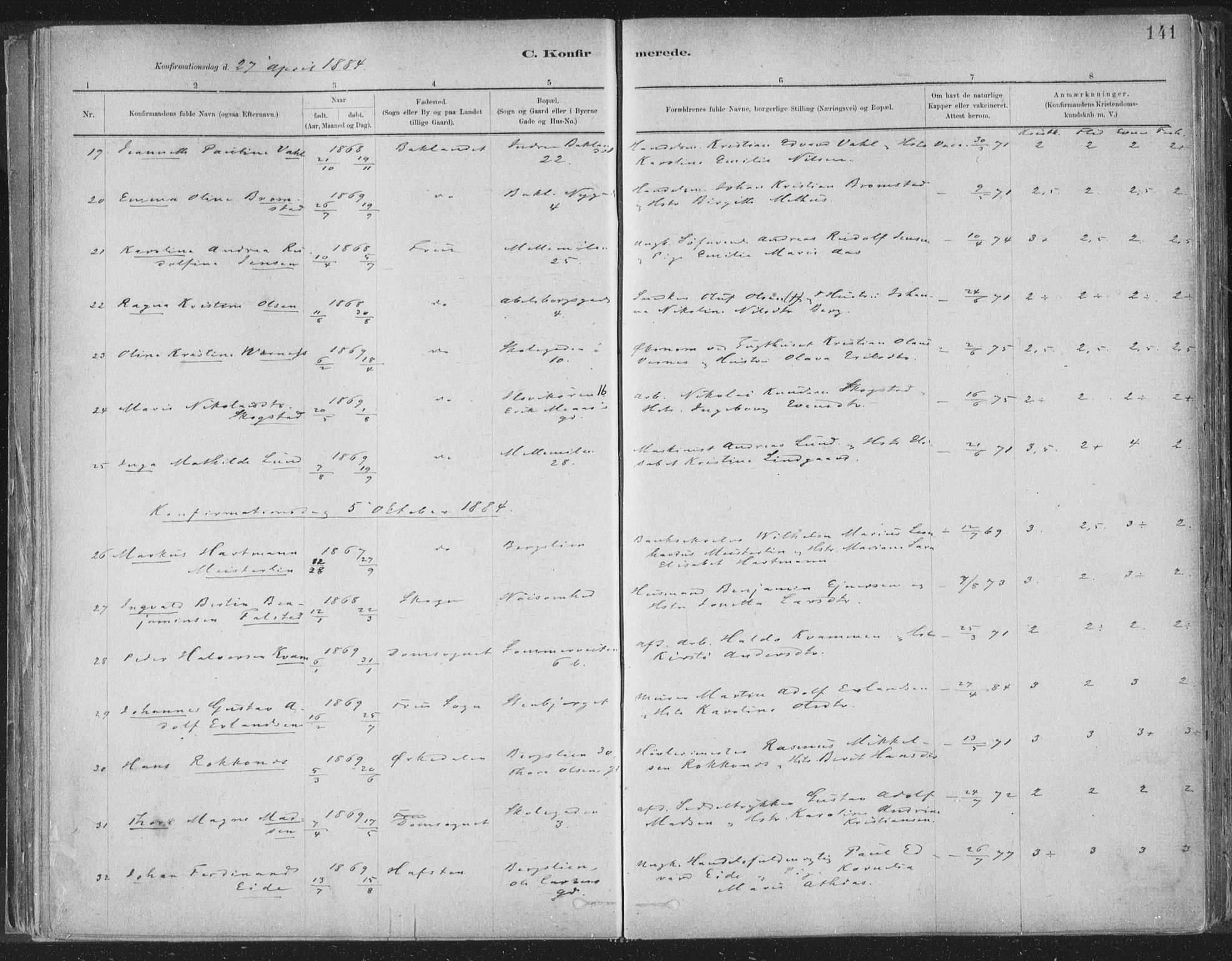 Ministerialprotokoller, klokkerbøker og fødselsregistre - Sør-Trøndelag, SAT/A-1456/603/L0162: Ministerialbok nr. 603A01, 1879-1895, s. 141
