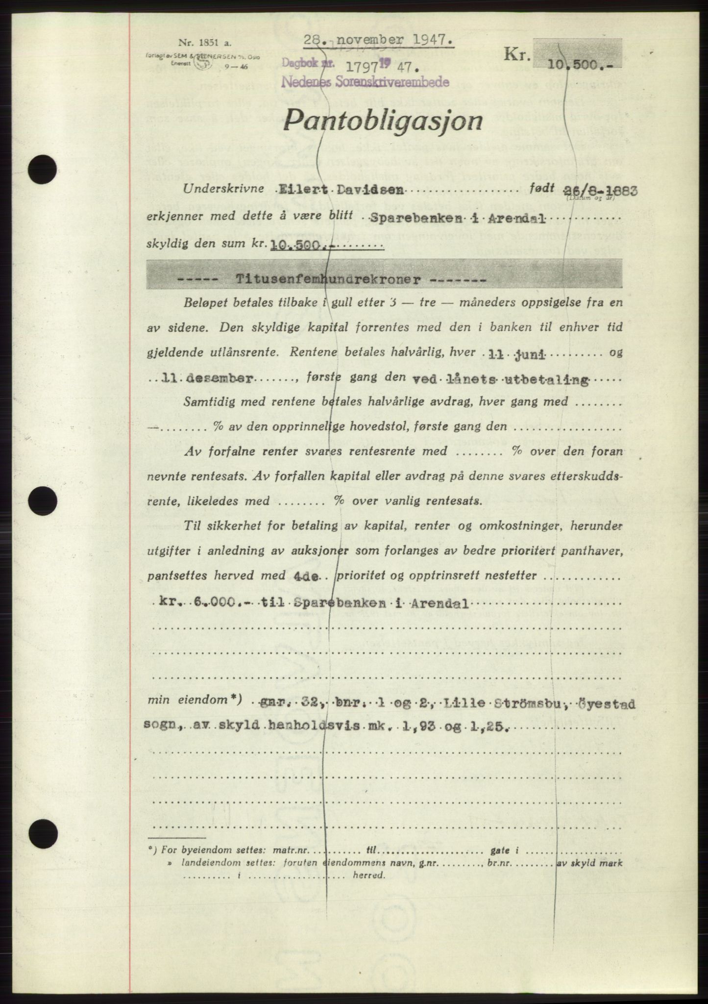 Nedenes sorenskriveri, SAK/1221-0006/G/Gb/Gbb/L0004: Pantebok nr. B4, 1947-1947, Dagboknr: 1797/1947