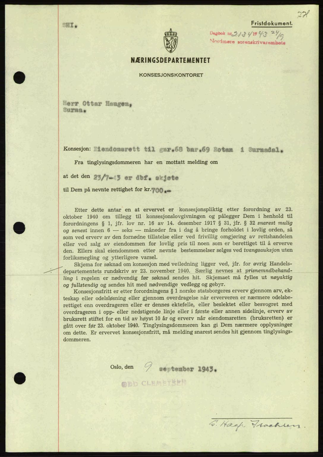 Nordmøre sorenskriveri, AV/SAT-A-4132/1/2/2Ca: Pantebok nr. B91, 1943-1944, Dagboknr: 2134/1943