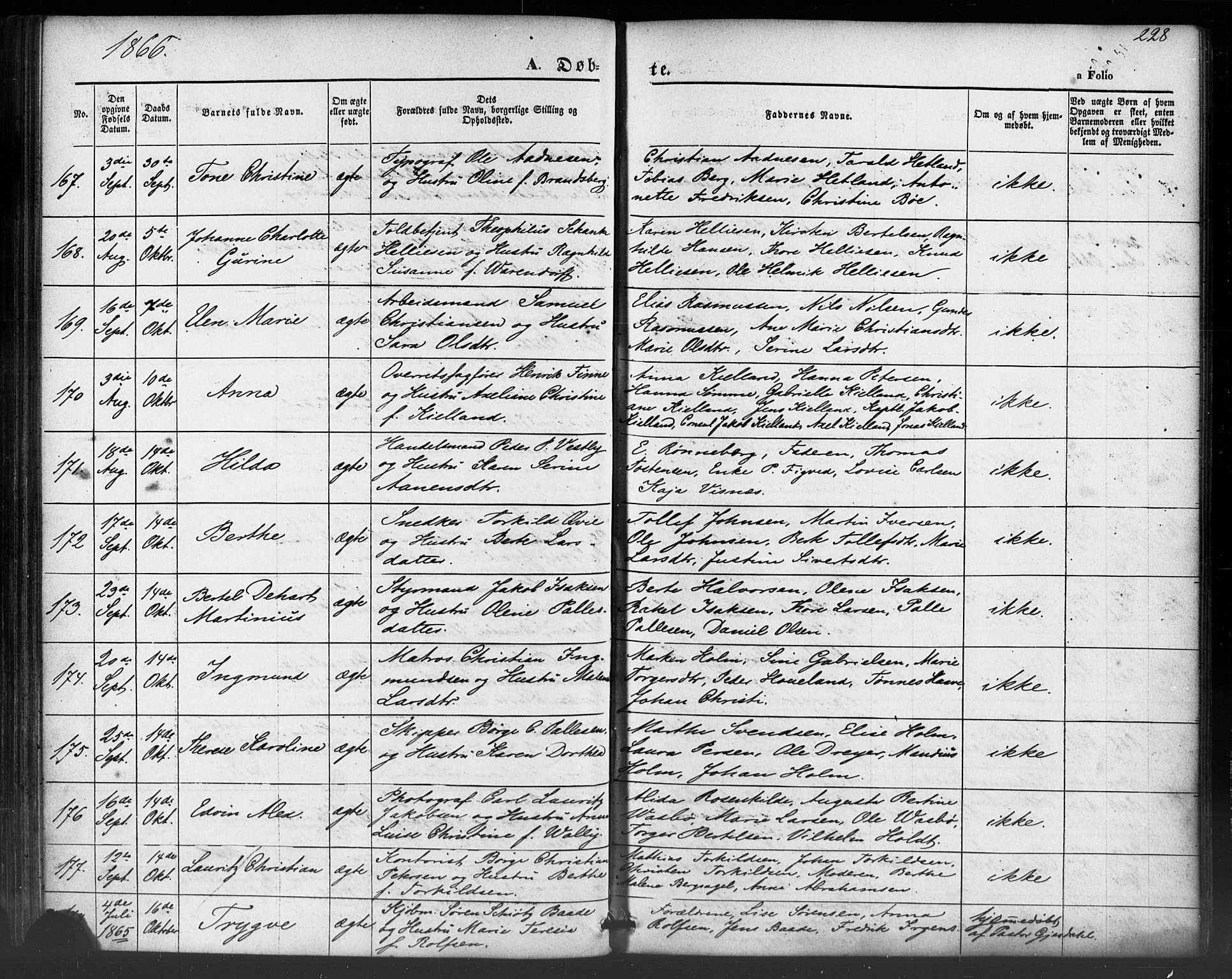 Domkirken sokneprestkontor, AV/SAST-A-101812/001/30/30BB/L0012: Klokkerbok nr. B 12, 1860-1871, s. 228