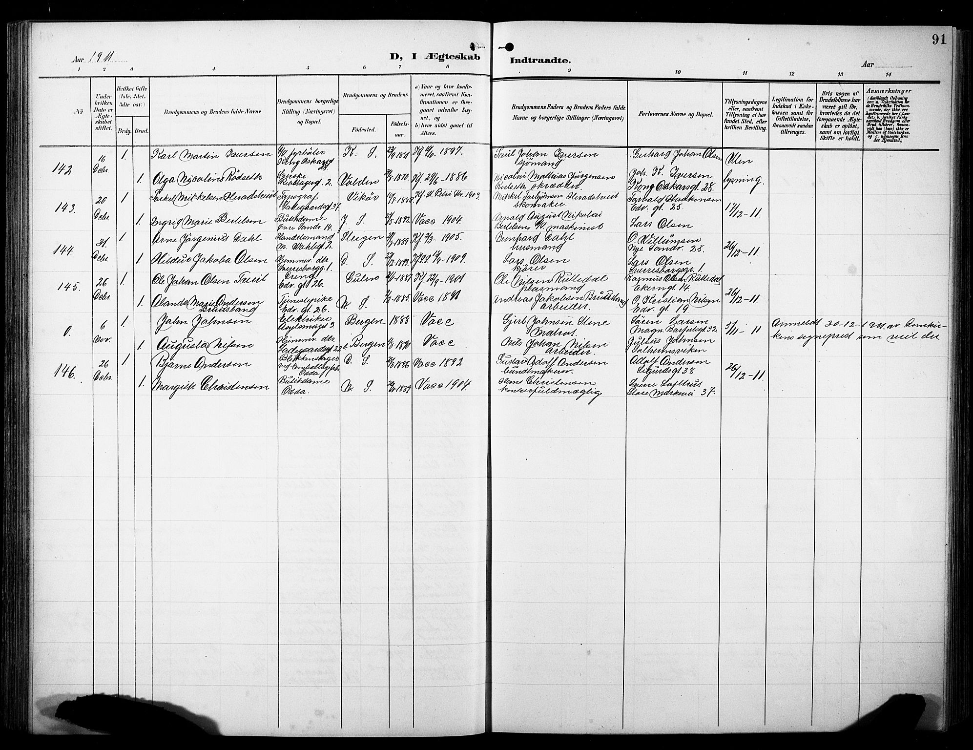 Sandviken Sokneprestembete, AV/SAB-A-77601/H/Hb/L0014: Klokkerbok nr. D 1, 1902-1929, s. 91