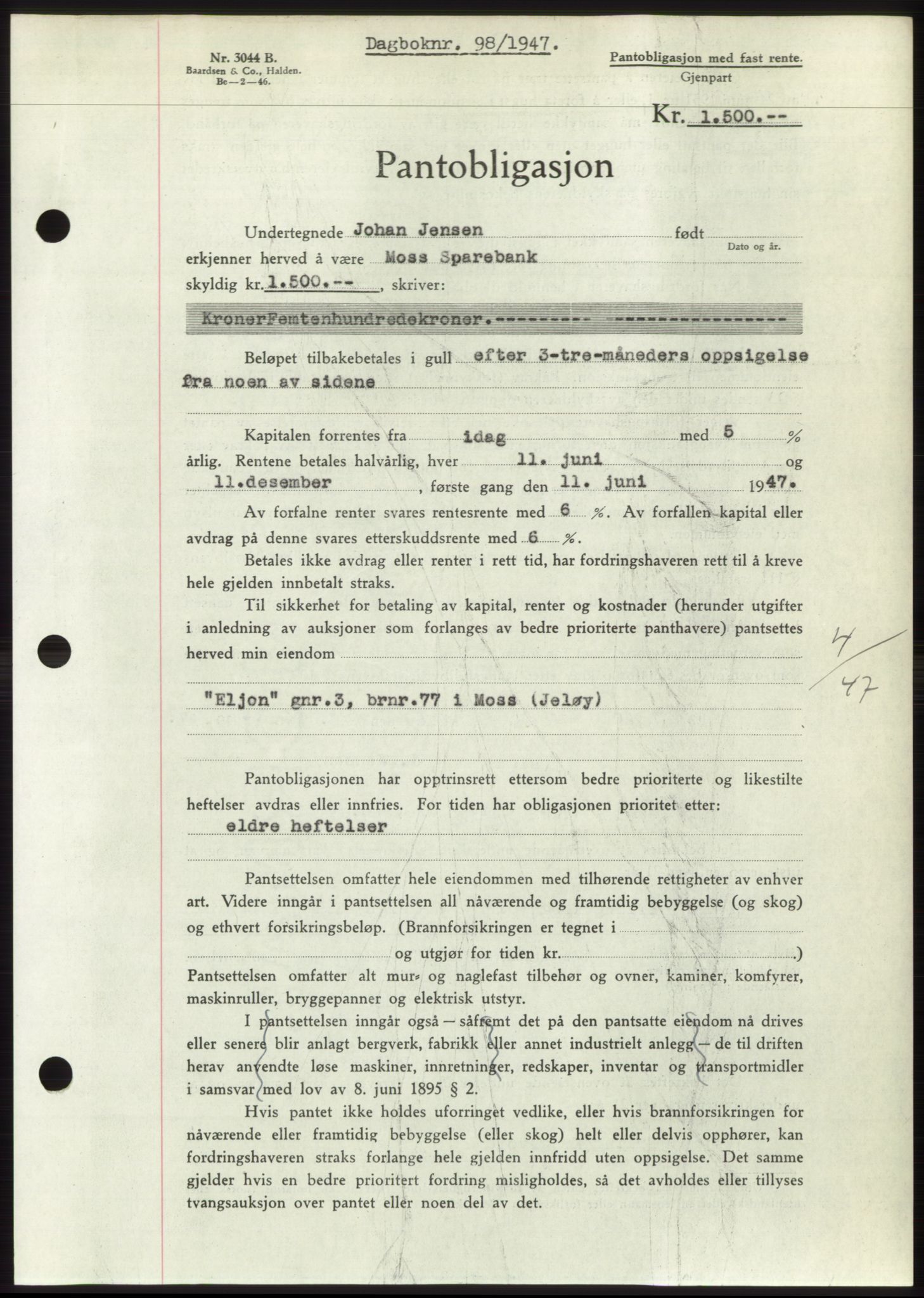 Moss sorenskriveri, SAO/A-10168: Pantebok nr. B16, 1946-1947, Dagboknr: 98/1947