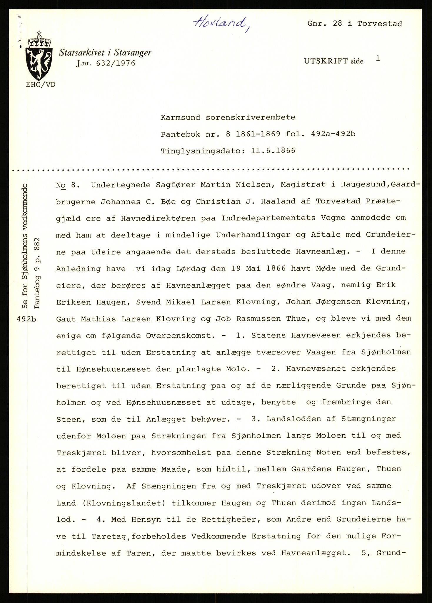 Statsarkivet i Stavanger, AV/SAST-A-101971/03/Y/Yj/L0040: Avskrifter sortert etter gårdnavn: Hovland i Egersun - Hustveit, 1750-1930, s. 458