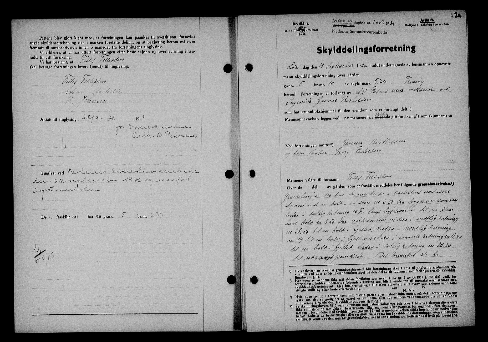 Nedenes sorenskriveri, SAK/1221-0006/G/Gb/Gba/L0043: Pantebok nr. 39, 1936-1937, Dagboknr: 1009/1936