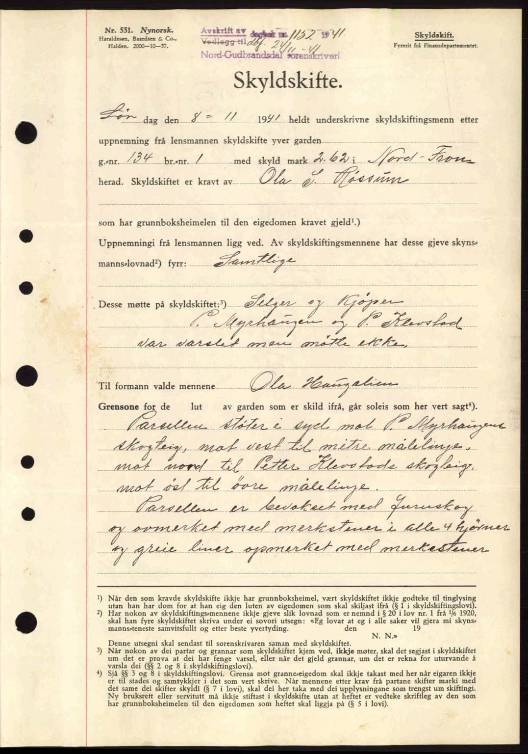 Nord-Gudbrandsdal tingrett, SAH/TING-002/H/Hb/Hbb/L0007: Pantebok nr. FA7, 1941-1941, Dagboknr: 1152/1941