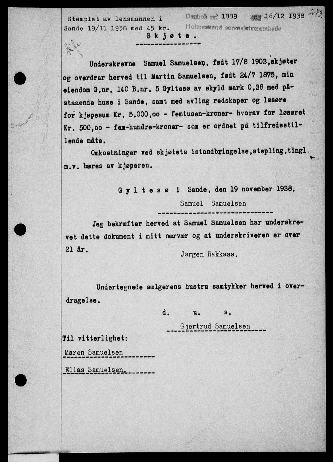 Holmestrand sorenskriveri, SAKO/A-67/G/Ga/Gaa/L0050: Pantebok nr. A-50, 1938-1939, Dagboknr: 1889/1938
