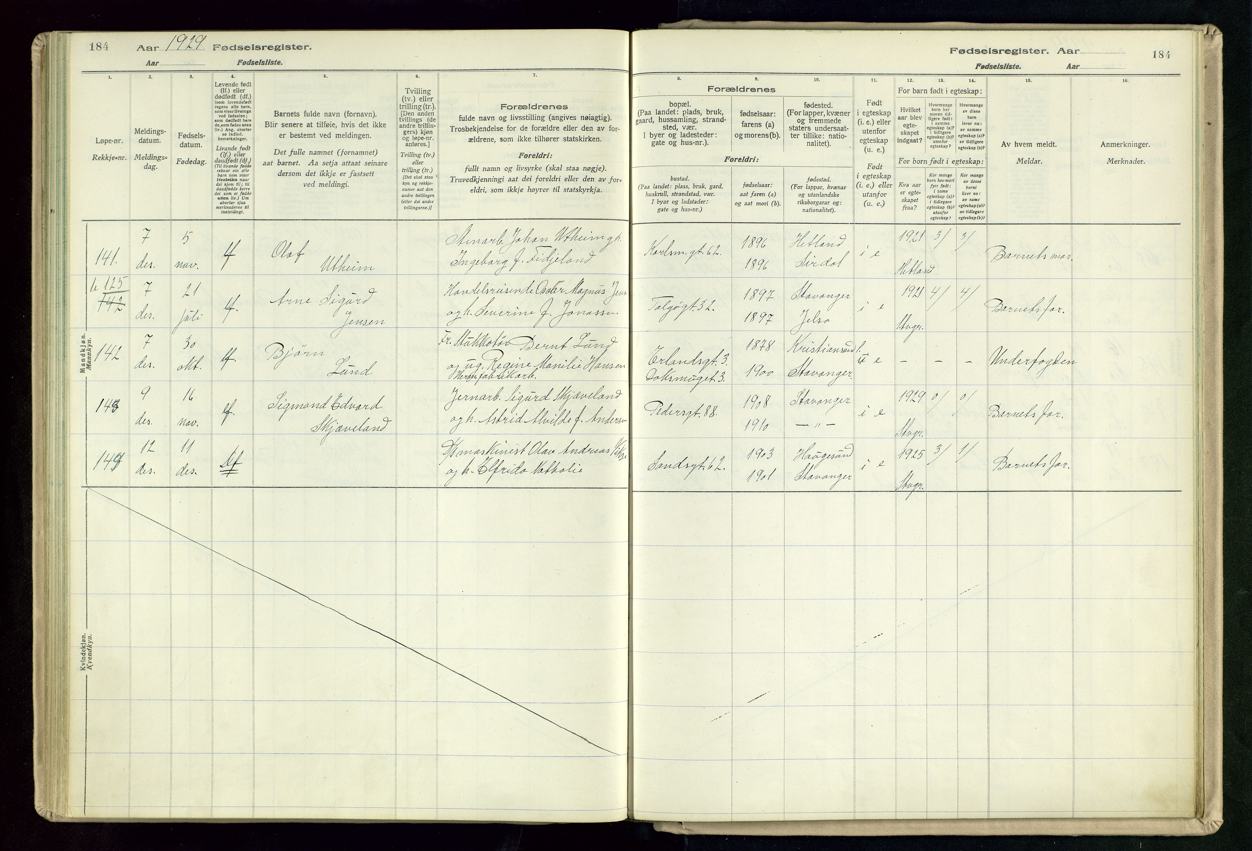 St. Johannes sokneprestkontor, AV/SAST-A-101814/002/A/L0003: Fødselsregister nr. 3, 1924-1930, s. 184