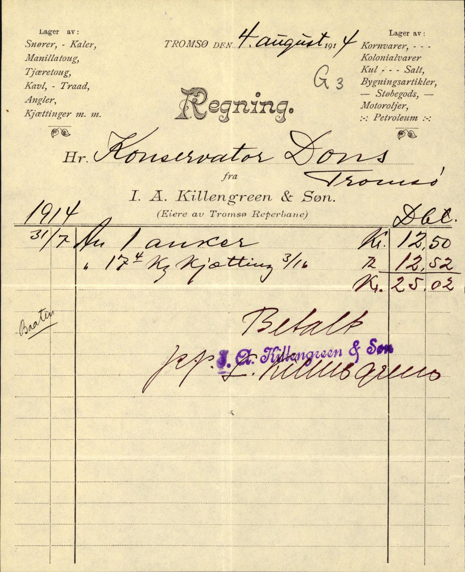 Tromsø Museum, AV/SATØ-S-0162/D/Da/L0030: Journalsaker og innkomne brev, 1906-1920, s. 364