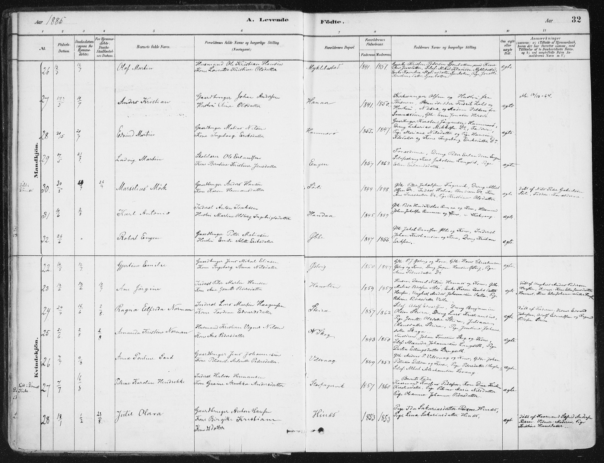 Ministerialprotokoller, klokkerbøker og fødselsregistre - Nordland, AV/SAT-A-1459/838/L0552: Ministerialbok nr. 838A10, 1880-1910, s. 32