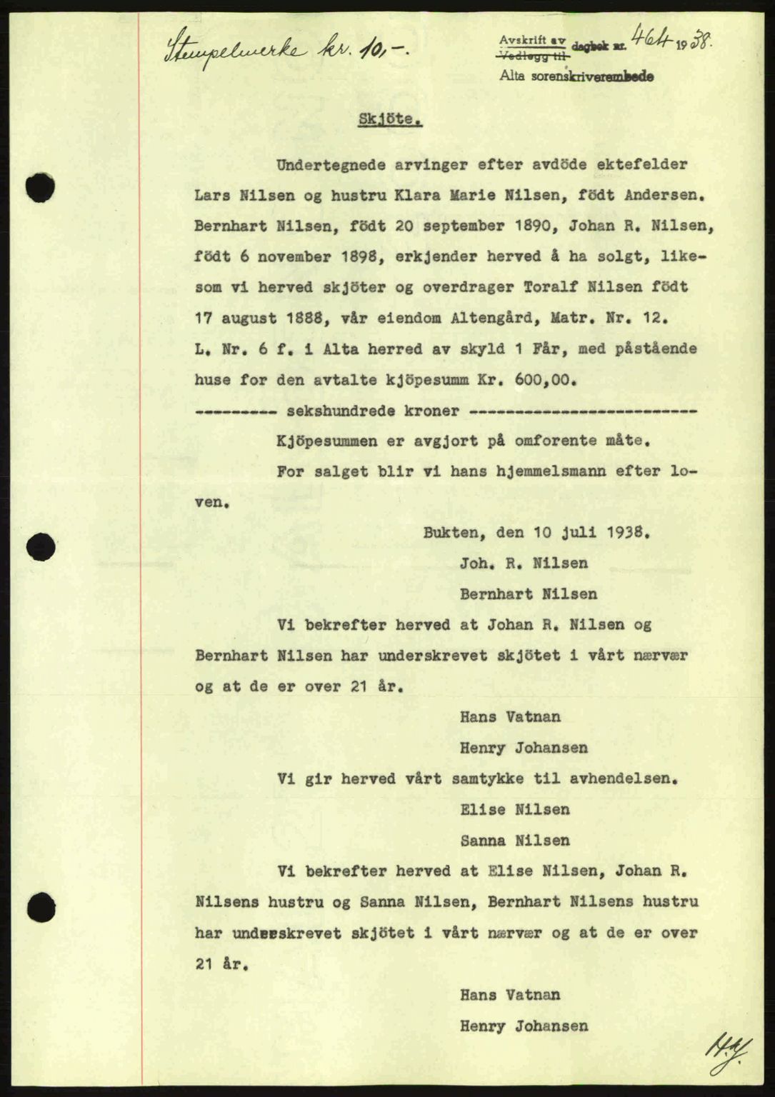 Alta fogderi/sorenskriveri, SATØ/SATØ-5/1/K/Kd/L0031pantebok: Pantebok nr. 31, 1938-1939, Dagboknr: 464/1938