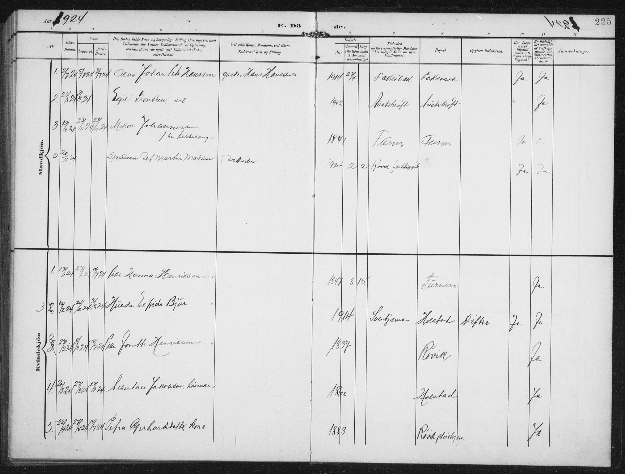 Ministerialprotokoller, klokkerbøker og fødselsregistre - Nordland, AV/SAT-A-1459/851/L0726: Klokkerbok nr. 851C01, 1902-1924, s. 225