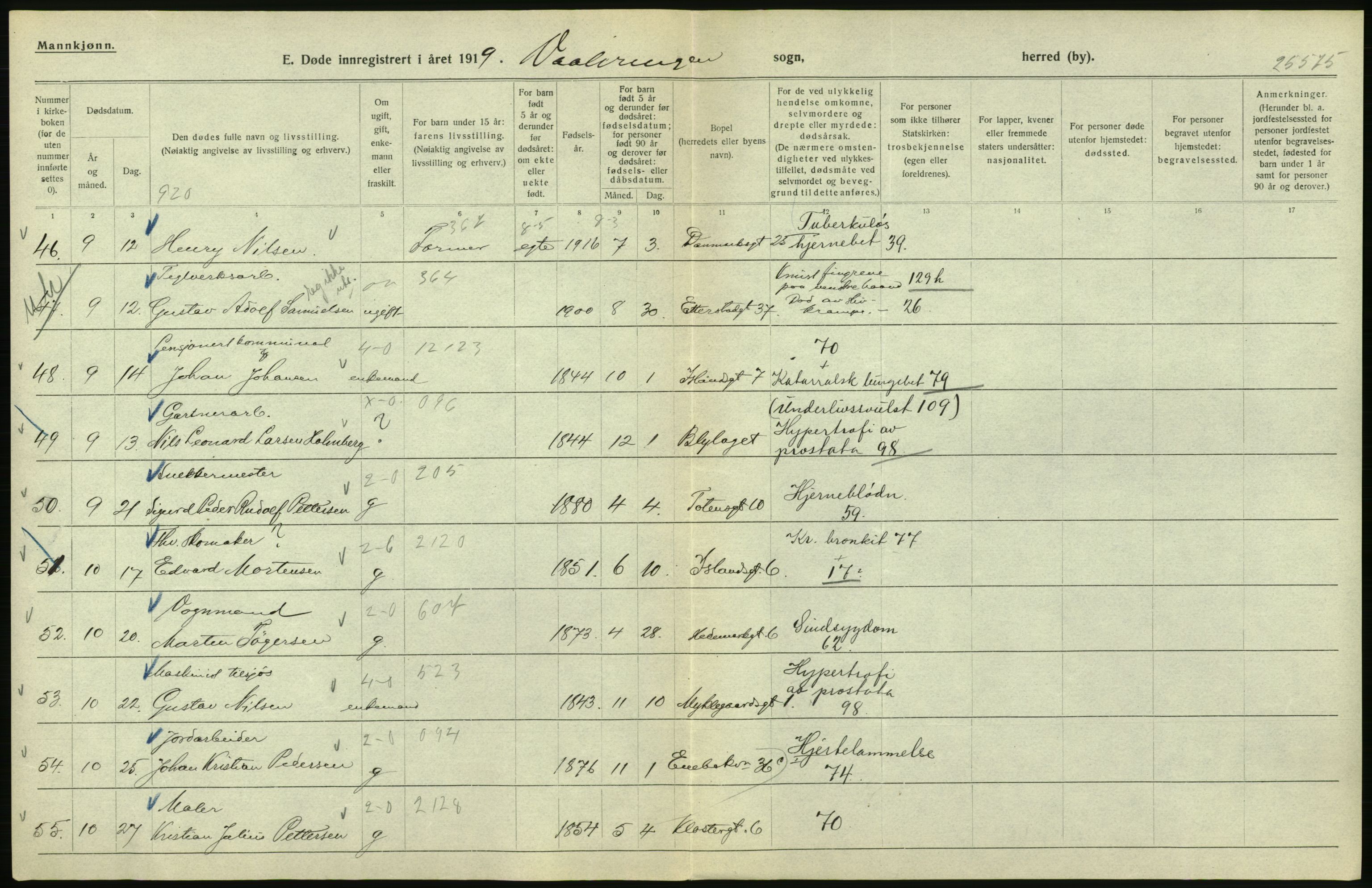 Statistisk sentralbyrå, Sosiodemografiske emner, Befolkning, RA/S-2228/D/Df/Dfb/Dfbi/L0010: Kristiania: Døde, 1919, s. 462