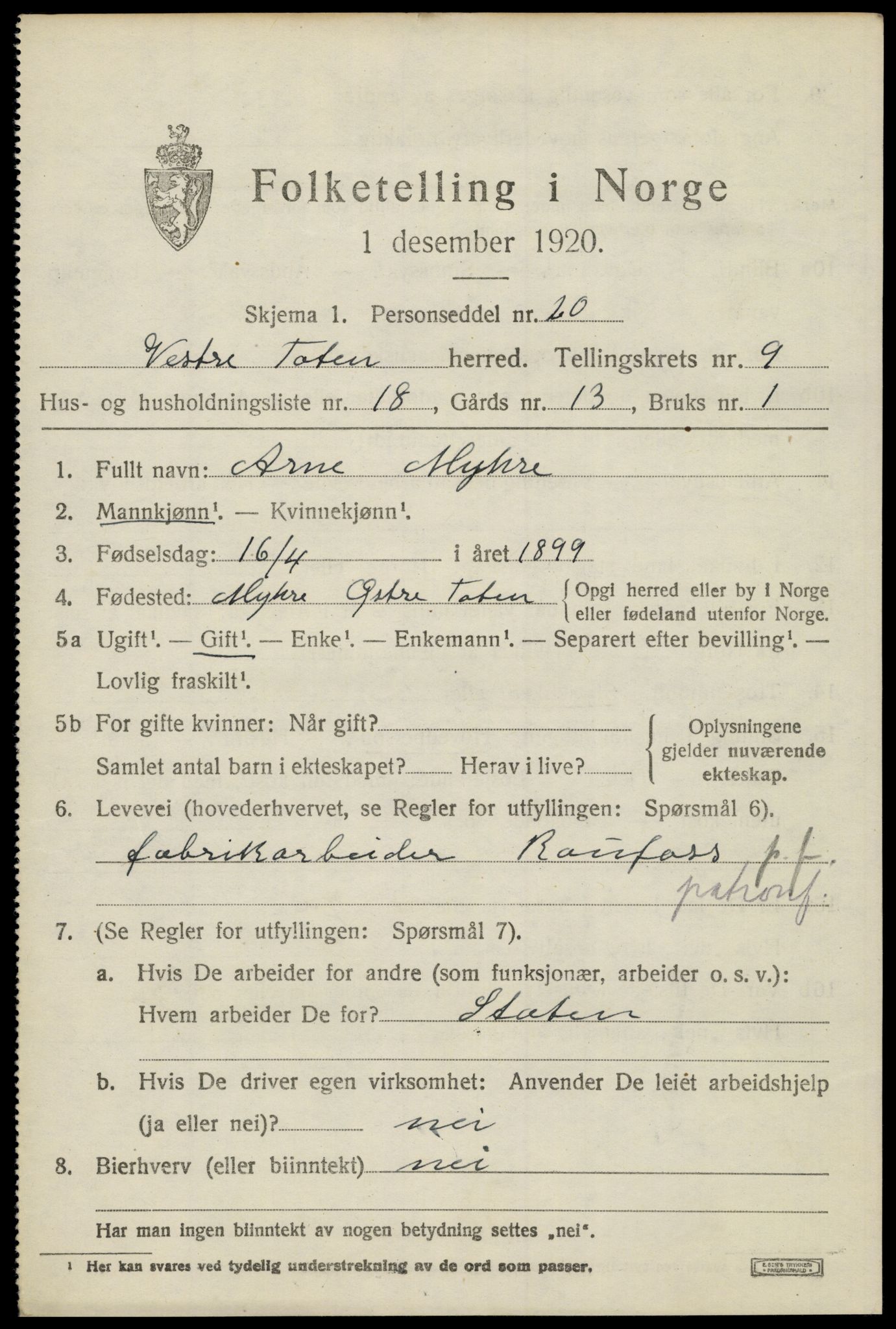SAH, Folketelling 1920 for 0529 Vestre Toten herred, 1920, s. 11486